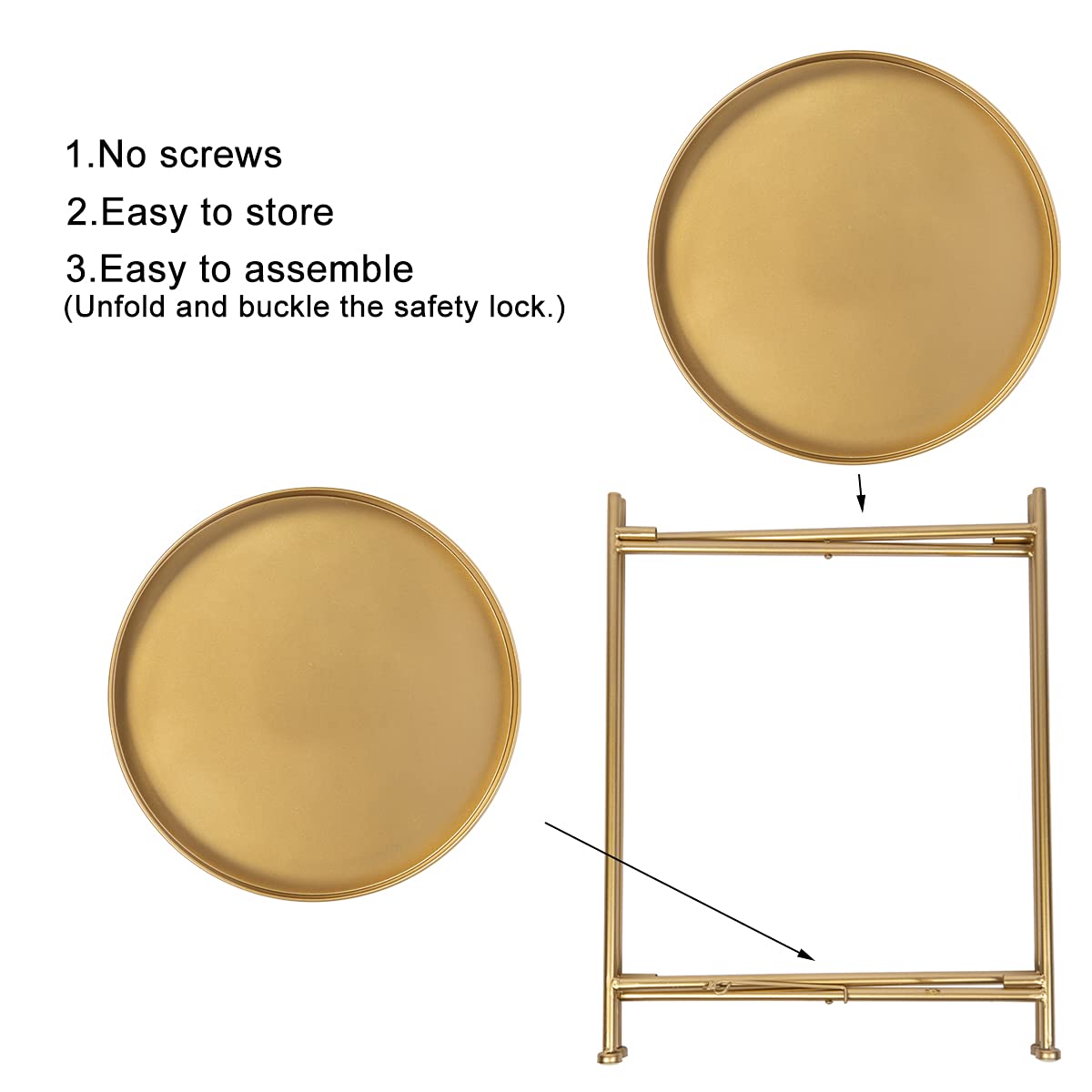 2-Tier Round Folding Side Table with Removable Tray - Gold Metal End Table for Living Room, Bedroom, Patio - Perfect for Coffee, Snacks, Books (15.7