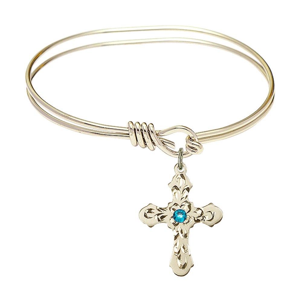5 3/4 Inch Oval Eye Hook Bangle Bracelet with Cross Medal Charm & December Blue Crystal - Elegant Jewelry for Women, Perfect for Christmas Gifts, Party Wear, and Everyday Fashion Accessories