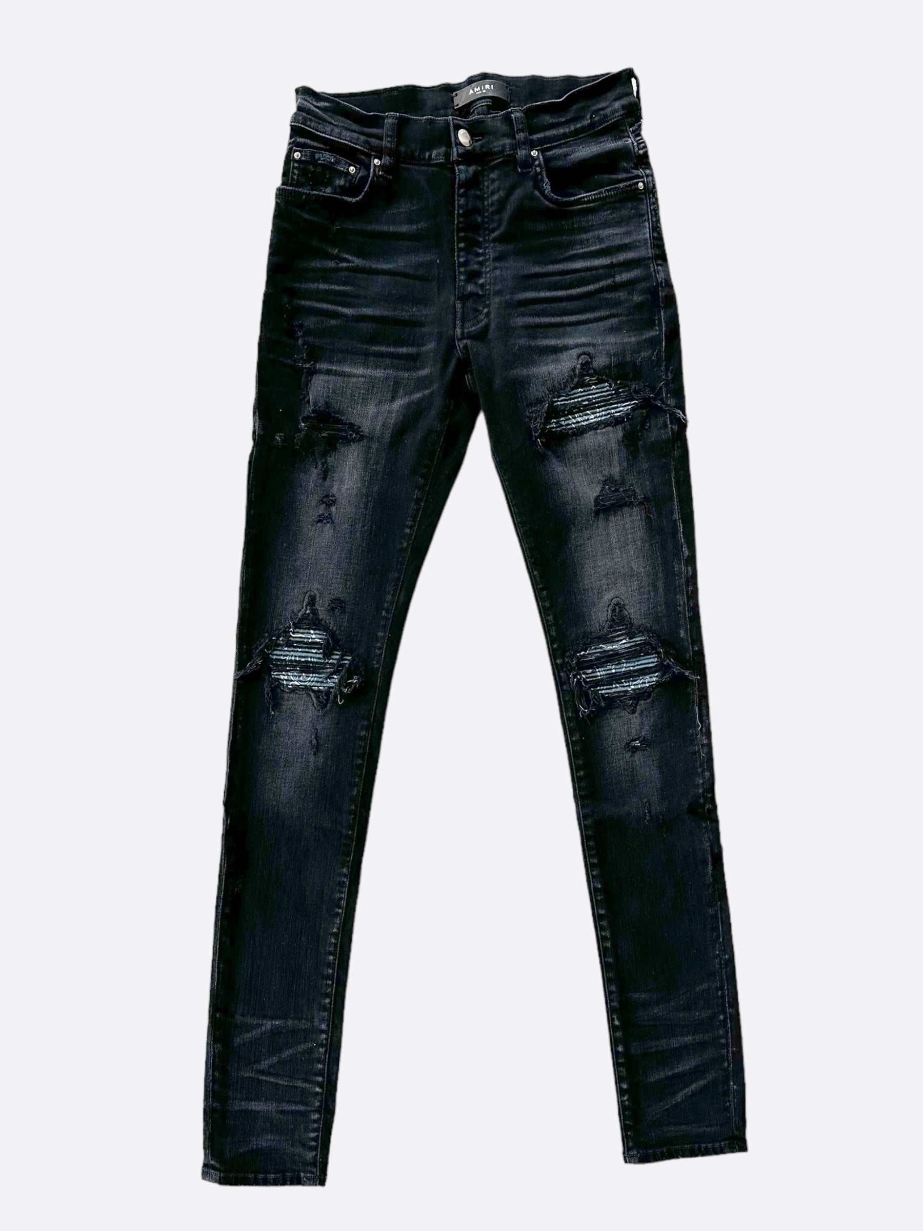Amiri Aged Black Bandana Patch MX1 Jeans for Men - Premium Distressed Denim Pants with Unique Design | Perfect for Casual Wear, Street Style & Night Out