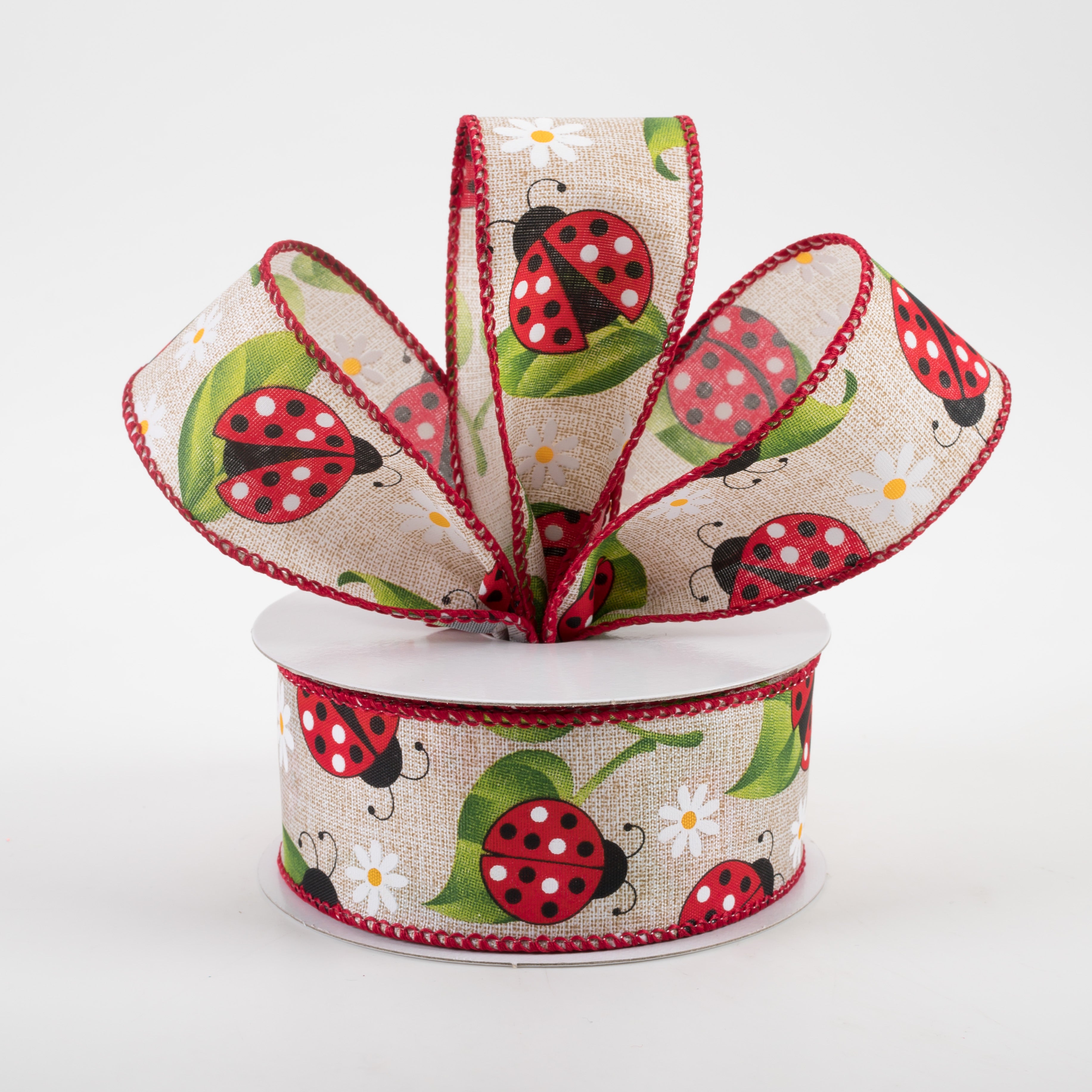 1.5 Inch Ladybug Daisy Print Linen Ribbon - Natural Cotton Craft Ribbon (10 Yards) for DIY Scrapbooking, Gift Wrapping & Hair Accessories