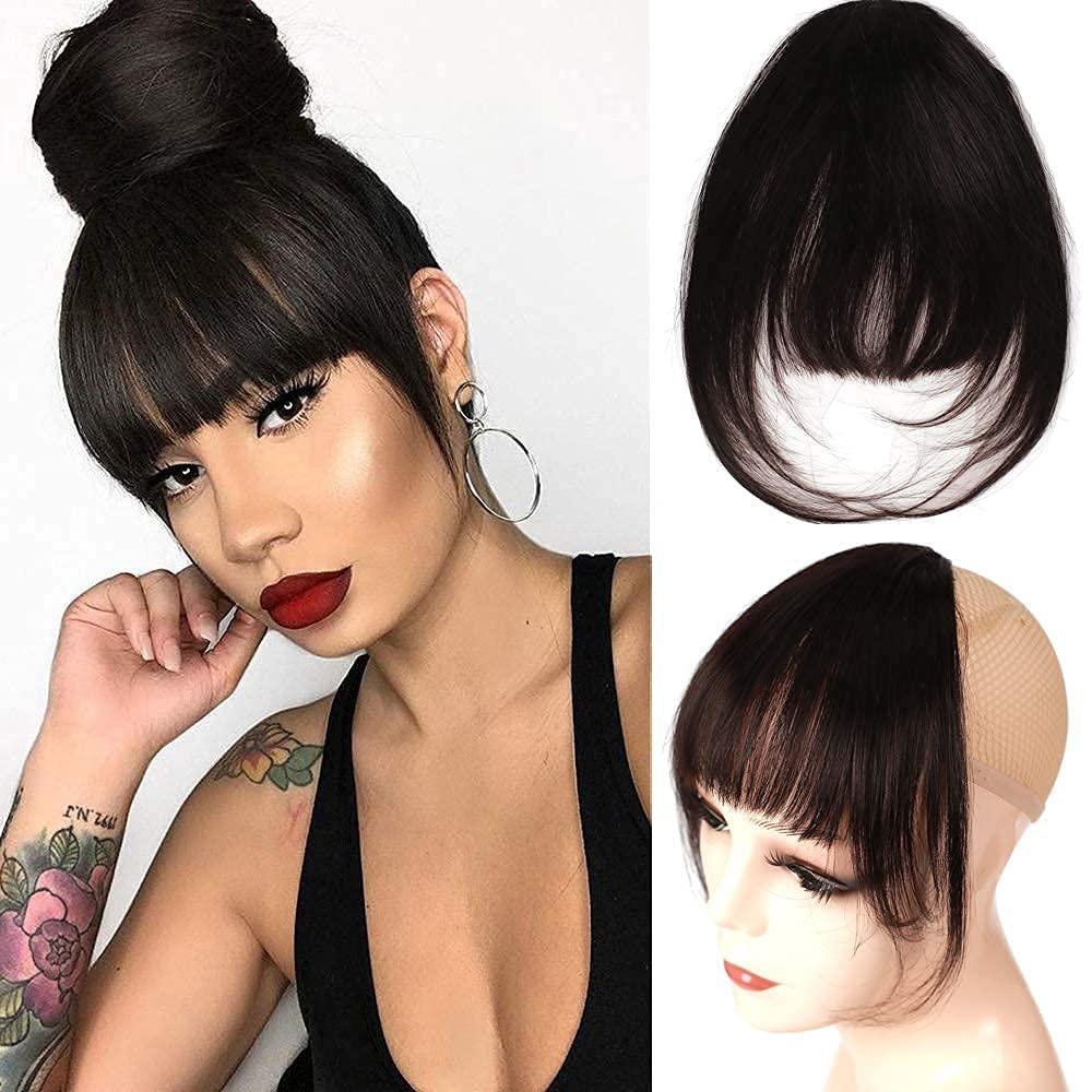 ZEPOLI Clip in Bangs - 100% Human Hair Extensions, Reddish Brown Clip on Fringe Bangs with Net, Natural Flat Neat Bangs with Temples for Women (1 Piece) | Perfect for Daily Styling, Cosplay & Hair Volume Enhancement