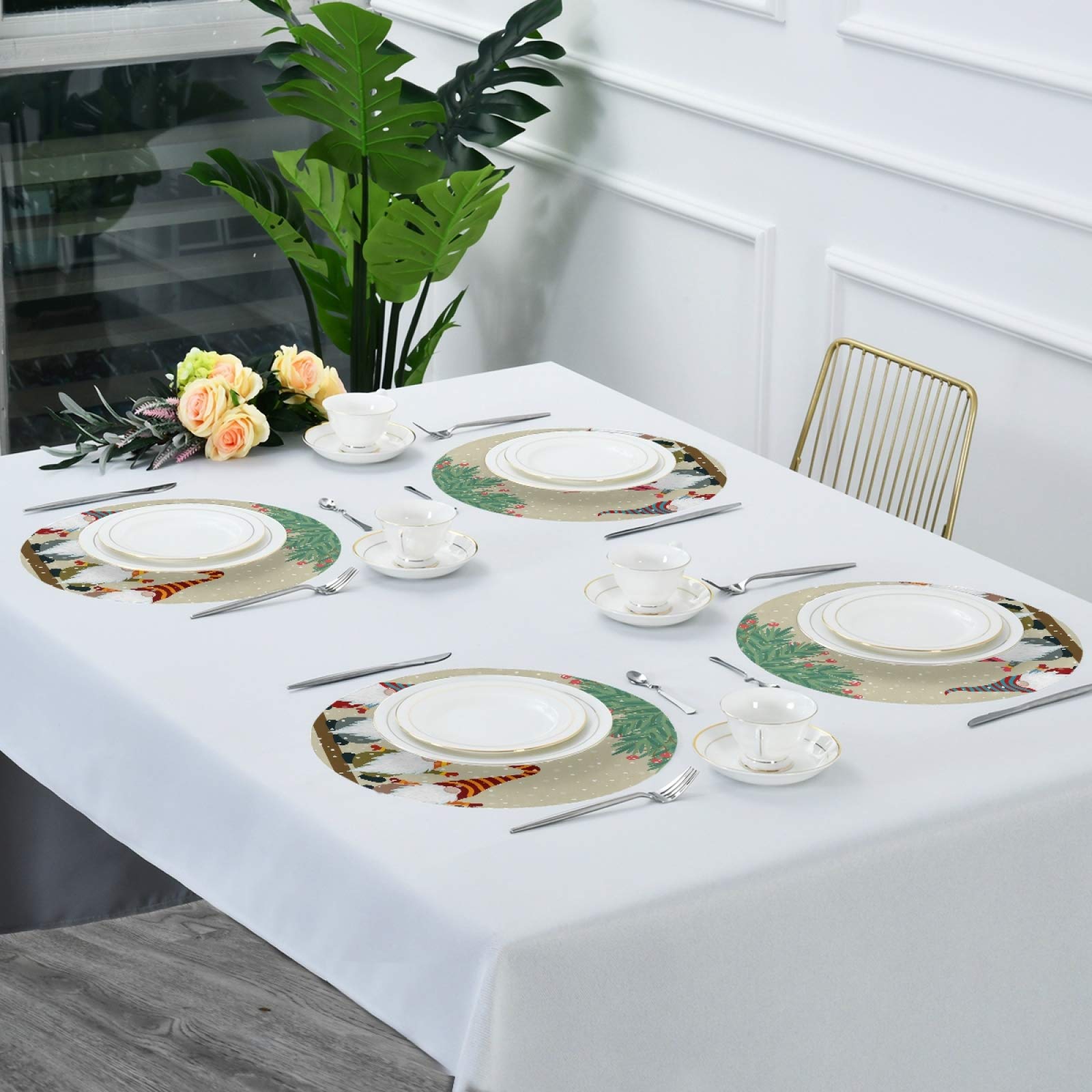 Festive Gnome Christmas Round Placemats Set of 6 - Non-Slip Heat Resistant Washable Dining Table Mats for Holiday Decor & Family Gatherings