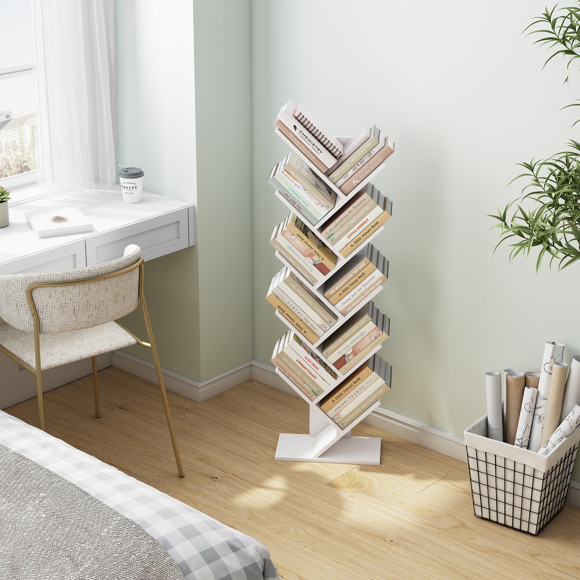 Hoctieon 10-Tier Tree Bookshelf - White Free Standing Bookcase with 10 Shelves, Floor Standing Book Organizer for Living Room, Bedroom & Office - Perfect for Books, Plants & Decorative Display