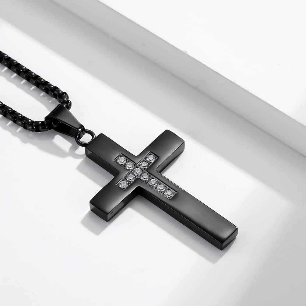 SHNIAN Black Cubic Zircon Cross Pendant Necklace for Men & Women - Religious Jewelry Gift