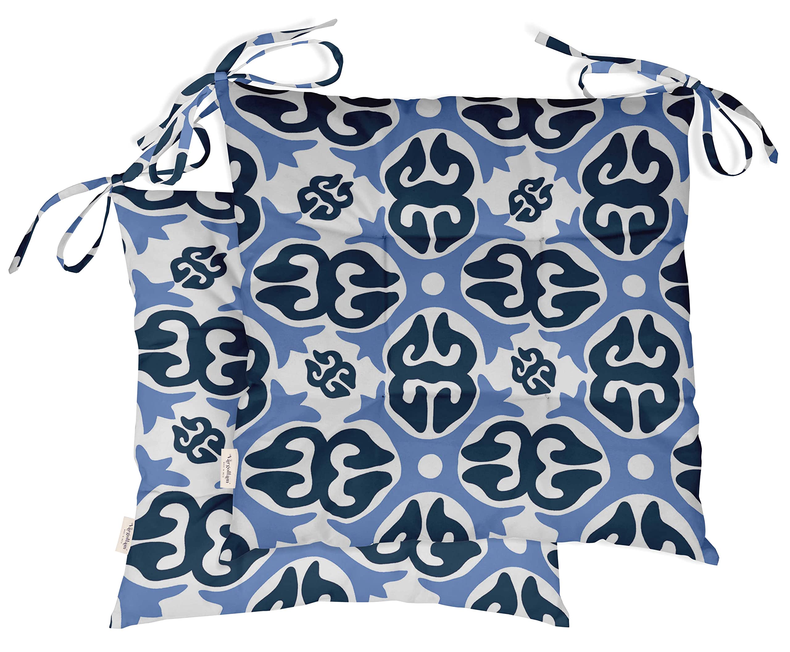 Premium Water-Resistant Indoor/Outdoor Tufted Square Patio Cushion Set of 2 - 19 Inch Blue Printed Seat Cushions with Asian Ornamental Design | Perfect for Garden, Balcony & Poolside Furniture