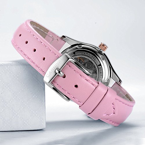 Luxury Women's Automatic Mechanical Analog Watch with Rhinestones, Calendar & Leather Band - Elegant Dress Wristwatch for Business, Party & Formal Occasions