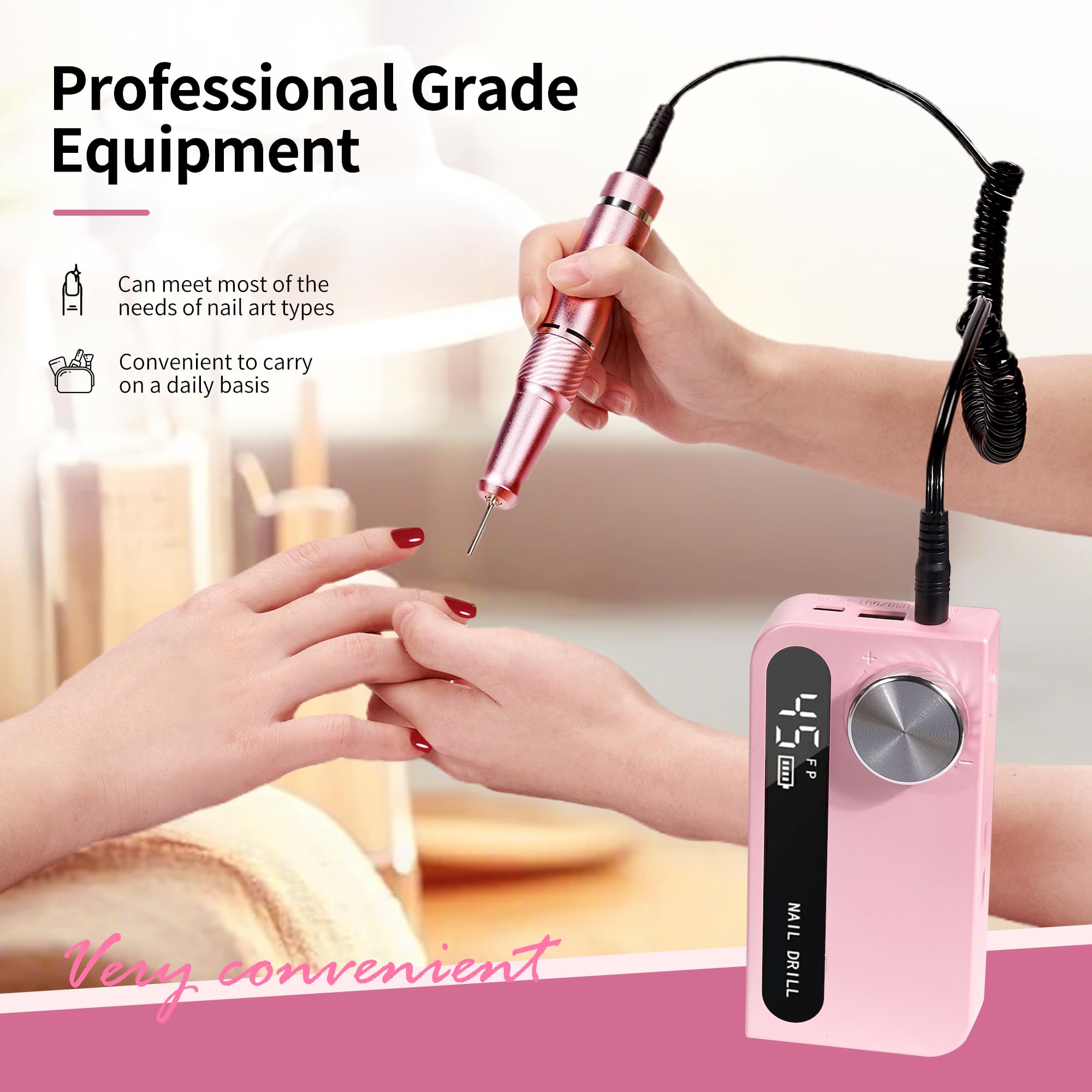 Professional Cordless Electric Nail Drill - 45000 RPM Rechargeable Manicure Machine for Acrylic & Gel Nails | Portable Nail File Kit for Salon & Home Use | Perfect for Nail Art, Polish Removal & Pedicures (Pink)