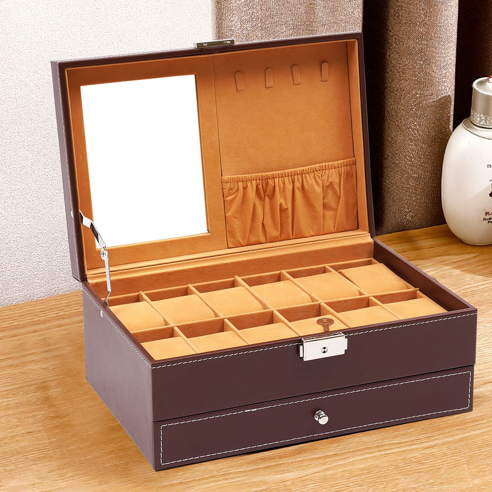 Premium 12-Slot Dark Red Leather Watch Box Organizer with Mirror & Metal Buckle - Double Tier Jewelry Storage Case with Soft Velvet Lining - Perfect for Watch Collectors & Luxury Gift Giving