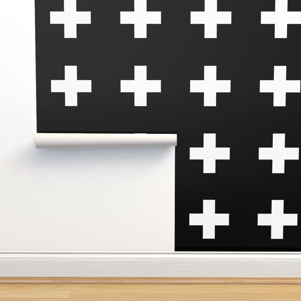 Commercial Grade Wallpaper 27ft x 2ft - White & Black Plus Sign Cross Geometric Pattern | Modern Nursery, Children's Room, Gender Neutral Baby Decor | Peel & Stick Wallpaper for Home & Office
