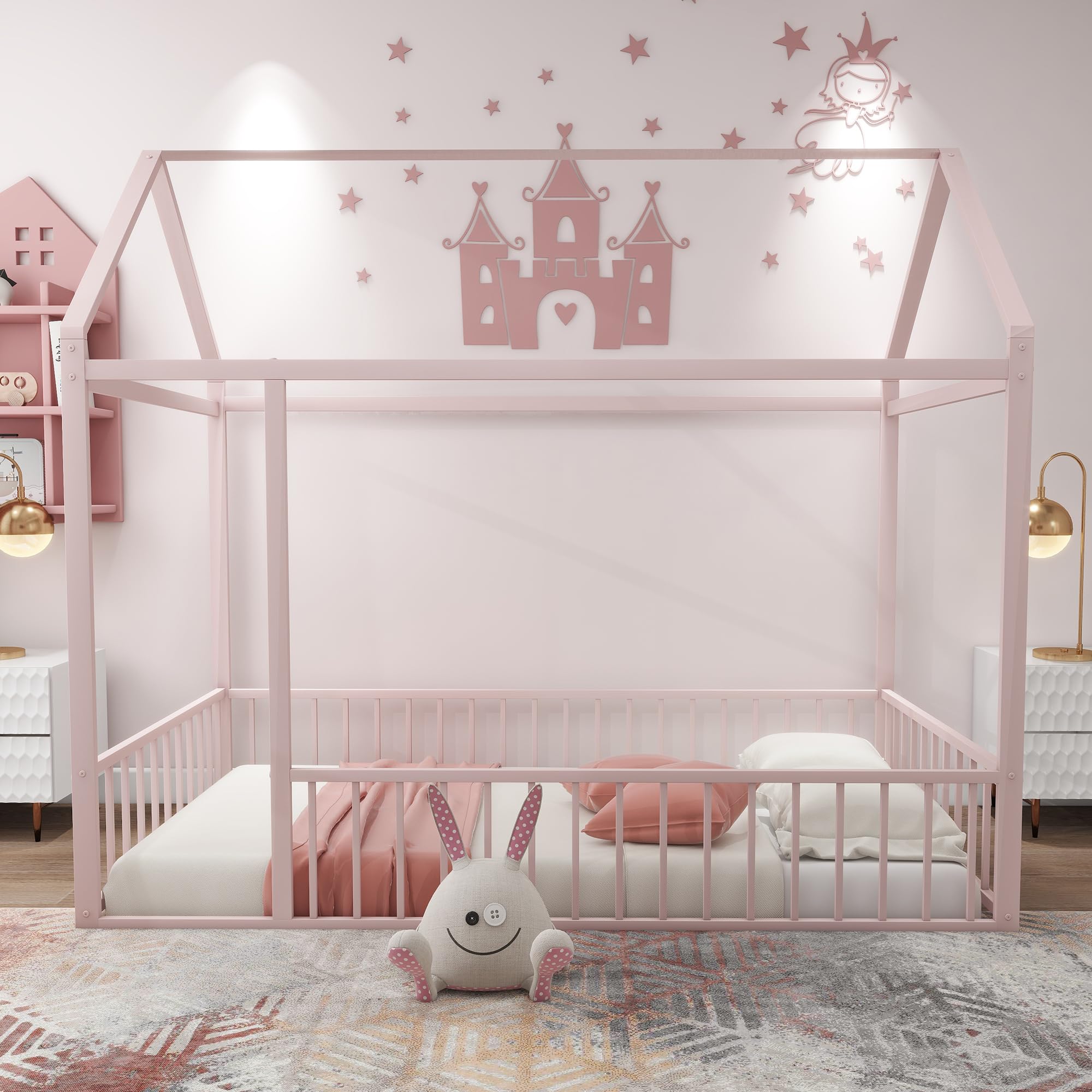 Montessori Twin Size Floor Bed with Metal Frame & Safety Rails - Playhouse Bed for Kids, Teens, Girls & Boys (Pink) | Box Spring Required | Perfect for Bedrooms, Playrooms & Montessori Learning Spaces