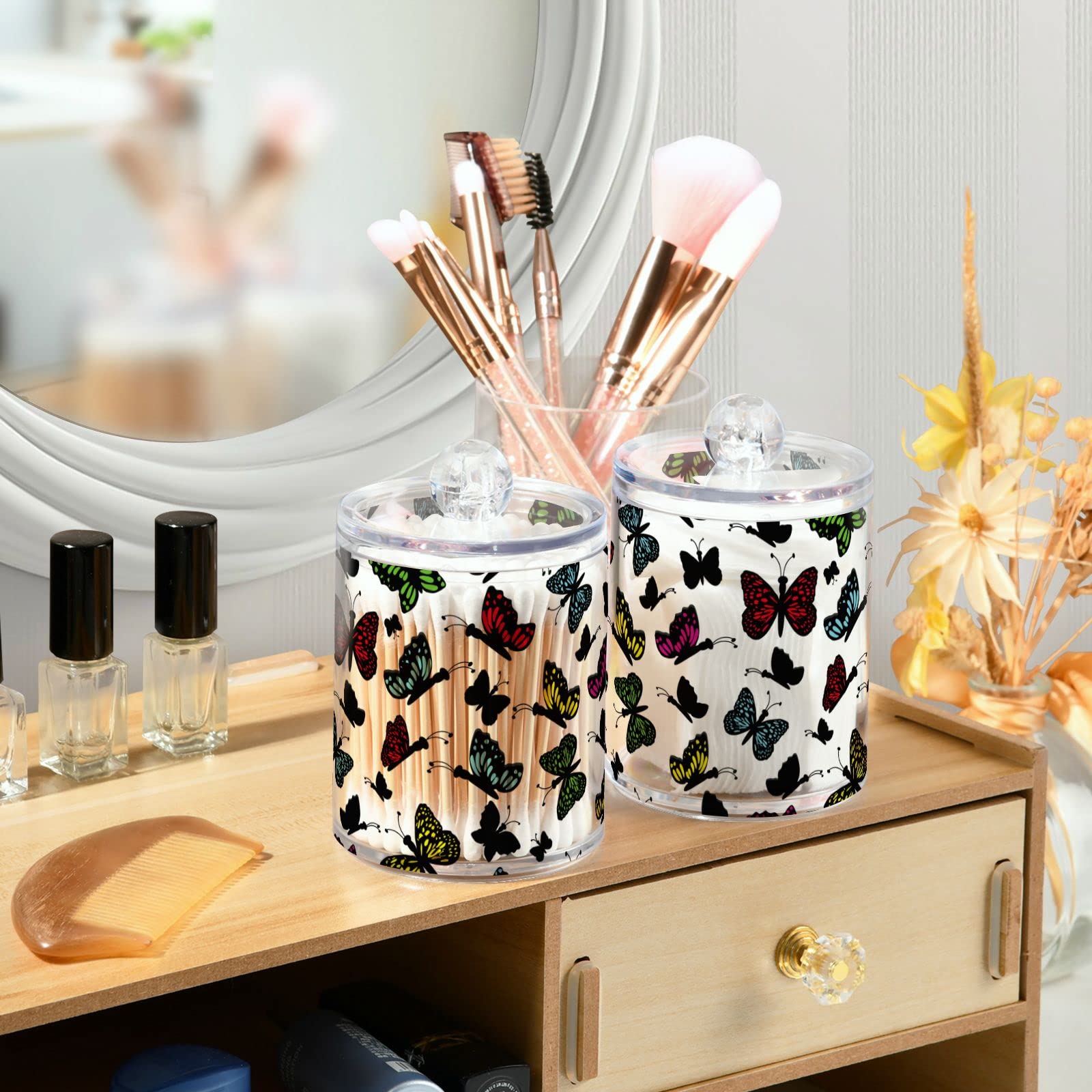4-Pack Butterfly Q-Tip Holder Organizer & Dispenser - Bathroom Vanity Storage Canisters for Cotton Swabs, Pads & Floss - Perfect for Countertop, Medicine Cabinet & Apothecary Jar Organization