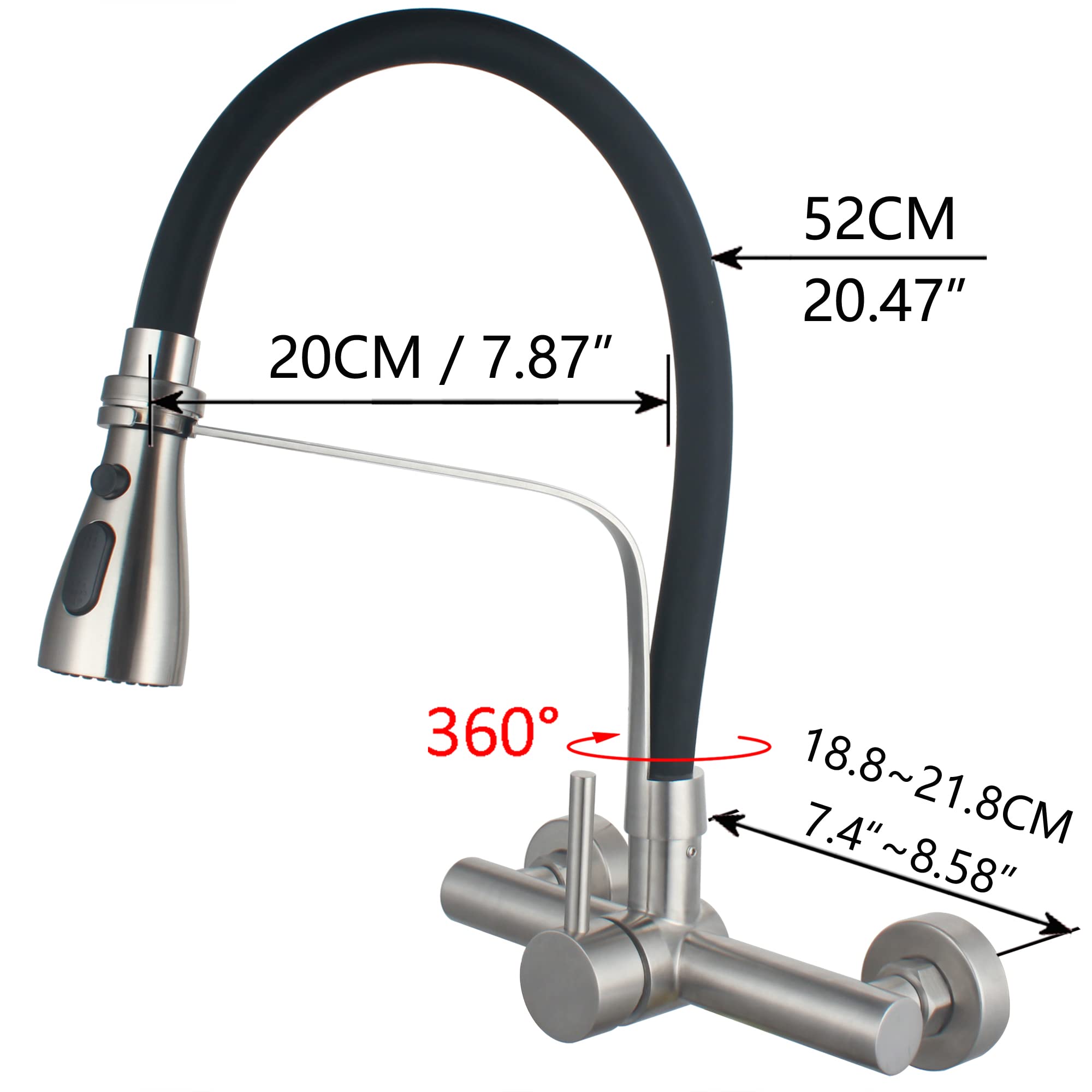Commercial Stainless Steel Wall Mount Kitchen Faucet with Pull Down Sprayer - 8 Inch Center, 3 Functions, Lead-Free (SSKF17-2DC) - Perfect for Restaurants, Laundry Rooms & Utility Sinks