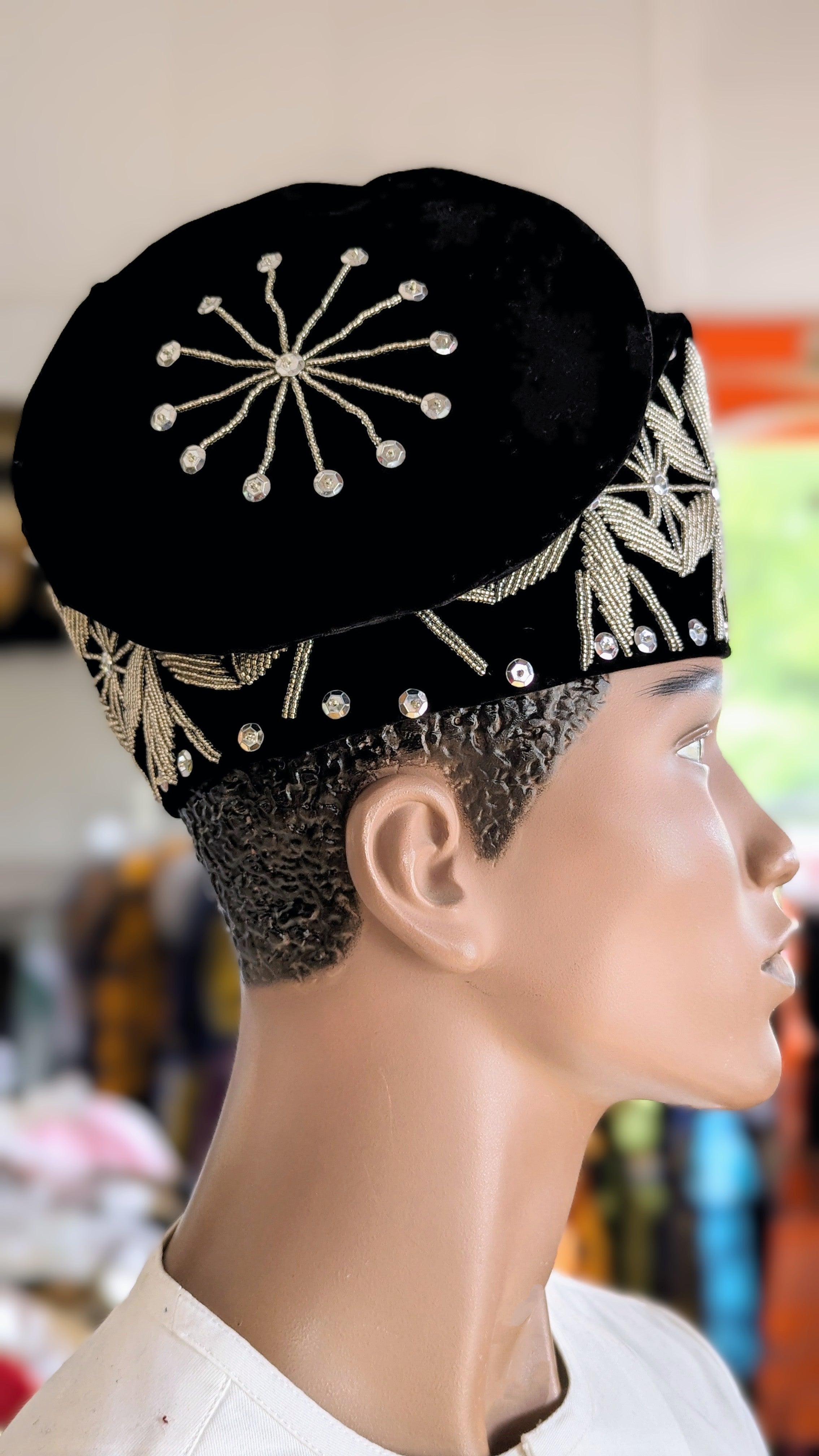 Dupsie's Filani Black Silver Velvet Embroidered Kufi Cap Hat - Islamic Prayer Hat for Men, Traditional Muslim Headwear for Eid, Mosque & Special Occasions