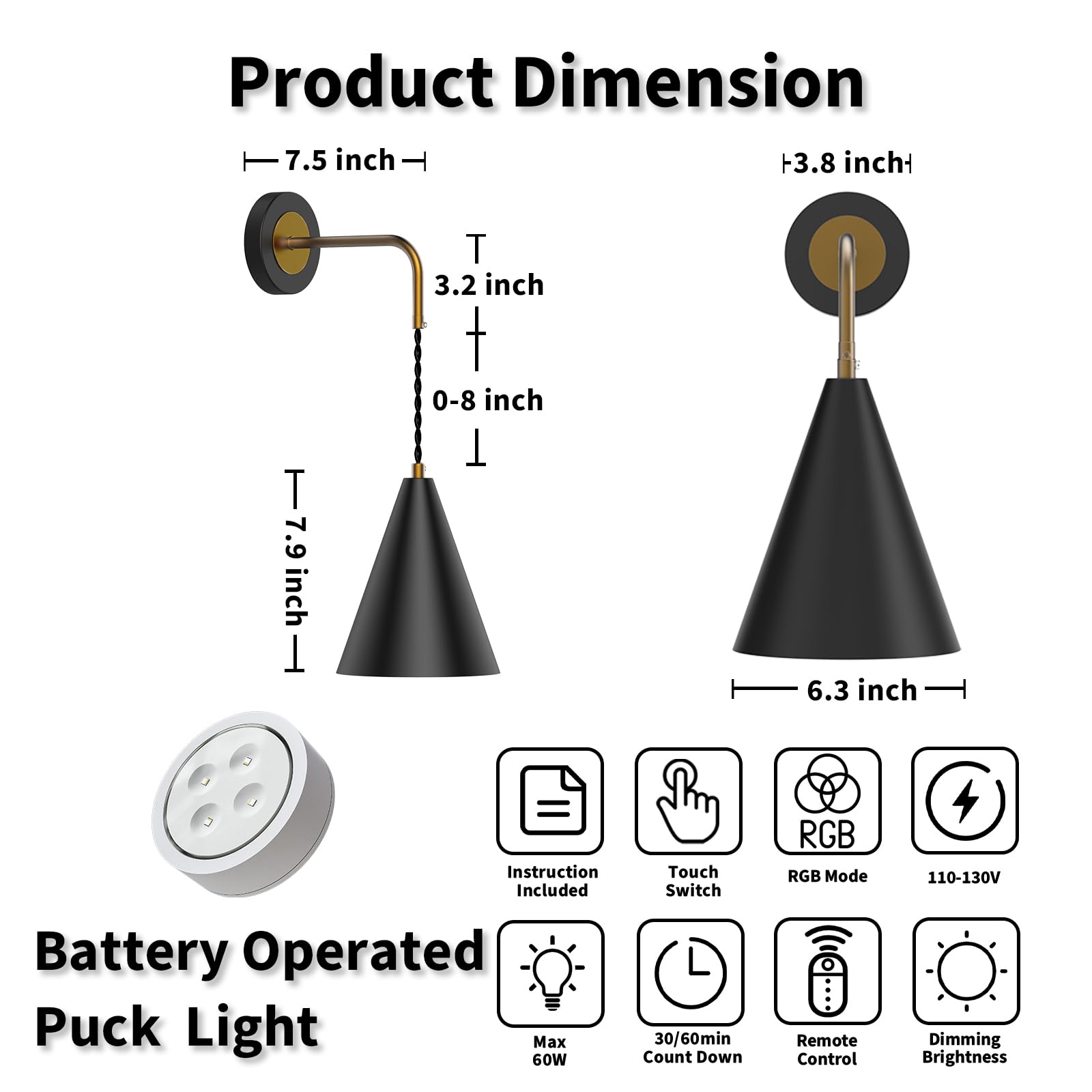 LUMIMAN Black Battery Operated Wall Sconce - Set of 2 Wireless Wall Lights with Memory Function & Timer, 13 RGB Dimmable Battery Powered Wall Lamp for Bedroom, Living Room, Hallway - Perfect for Ambient Lighting, Home Decor, and Nighttime Safety