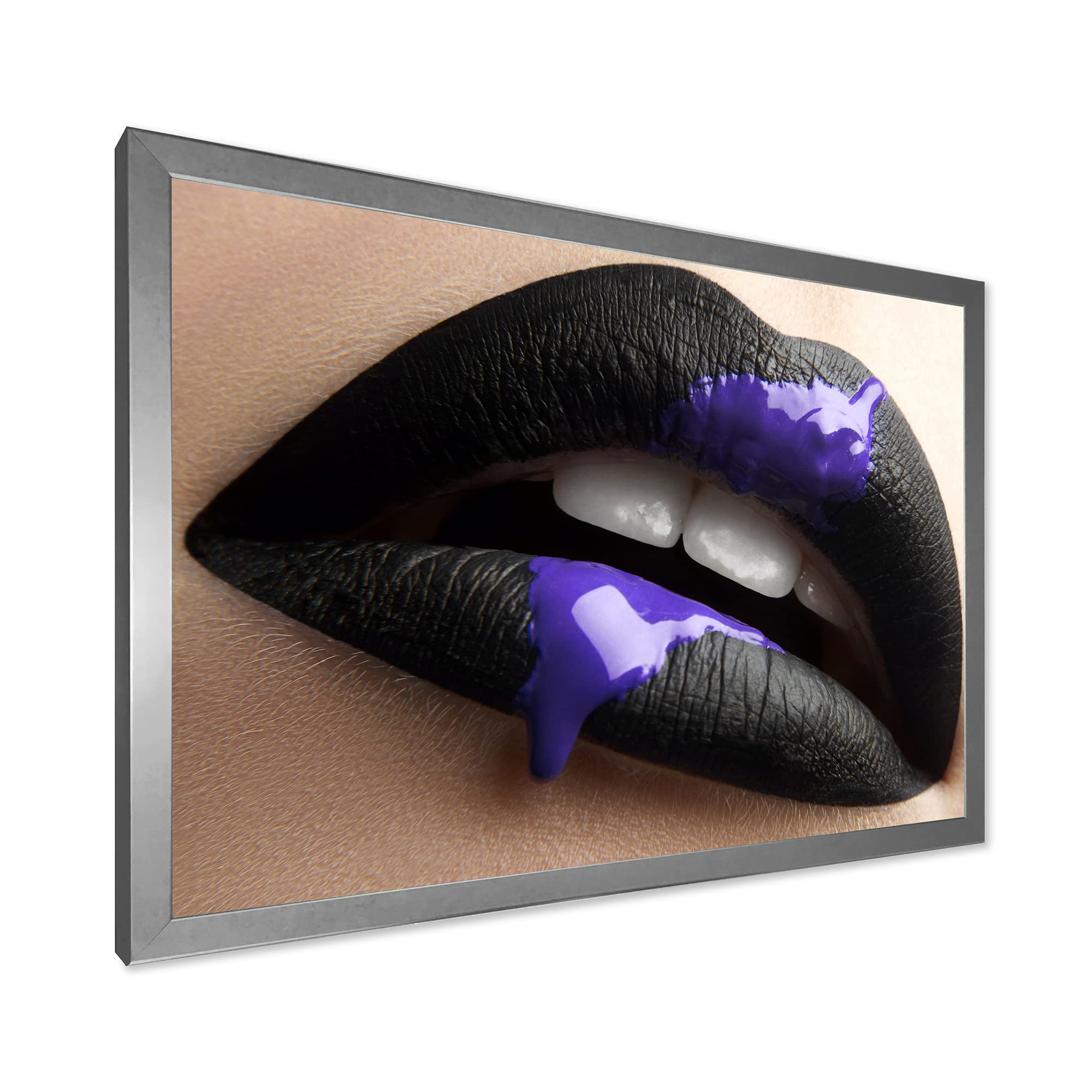 Modern Framed Wall Art - Black Lipstick & Purple Paint Female Lips Canvas Print for Home, Office & Salon Decor