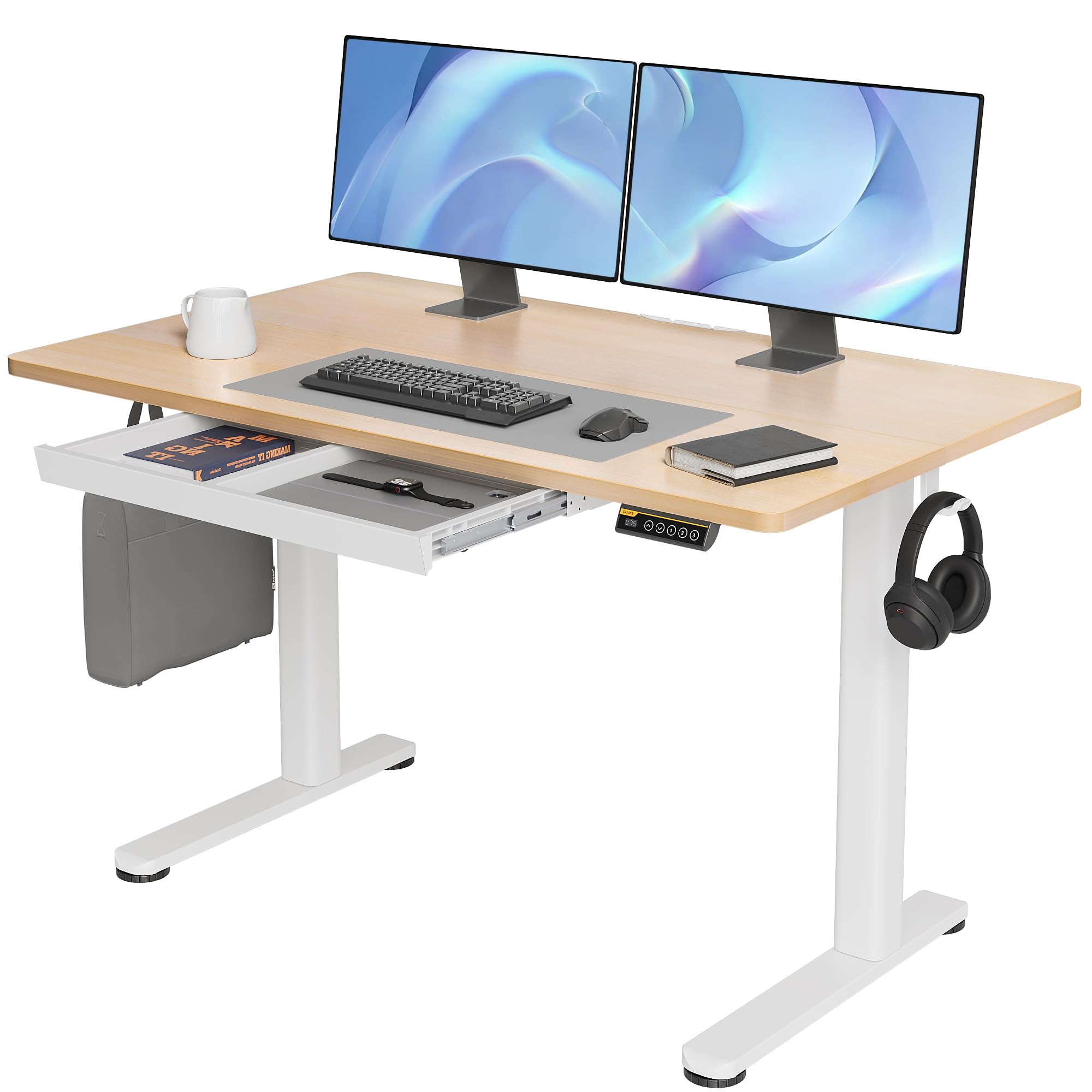 Claiks Electric Standing Desk with Drawers - 48 Inch Adjustable Height Sit Stand Computer Workstation in Natural Wood - Perfect for Home Office, Gaming Setup & Remote Work