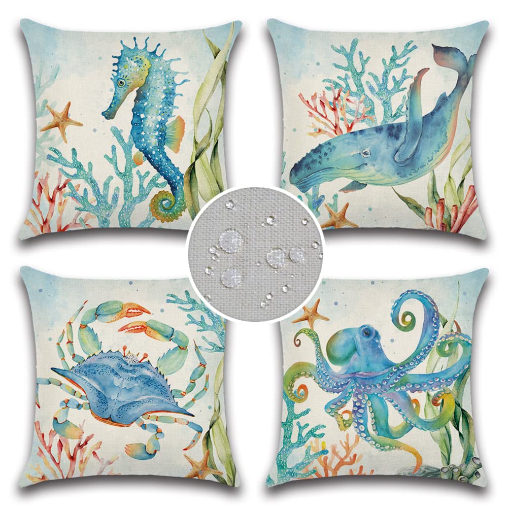 JOJOGOGO Waterproof Outdoor Pillow Covers 18x18 Inch Set of 4 - Coastal Nautical Beach Theme Decorative Throw Pillows for Patio Furniture, Porch & Summer Decor | Perfect for Beach Houses, Poolside Lounging & Coastal-Themed Rooms