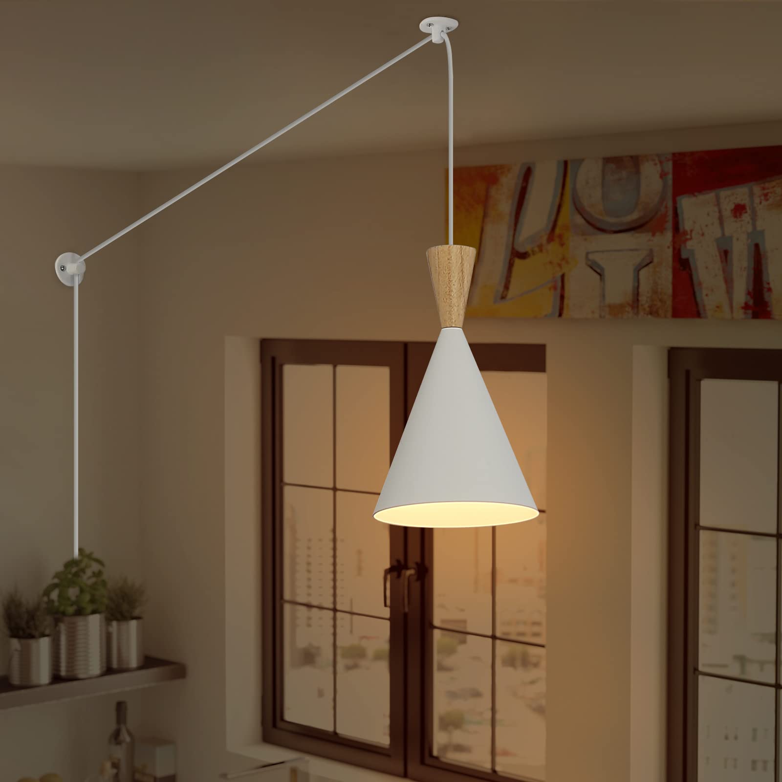 Modern White Plug-in Pendant Light Fixture with On/Off Switch - 11.5ft Adjustable Rope - Wood & Metal Design - Small Ceiling or Wall Mounted Hanging Light for Kitchen Island, Bedside, Dining Room, Living Room & Office Decor