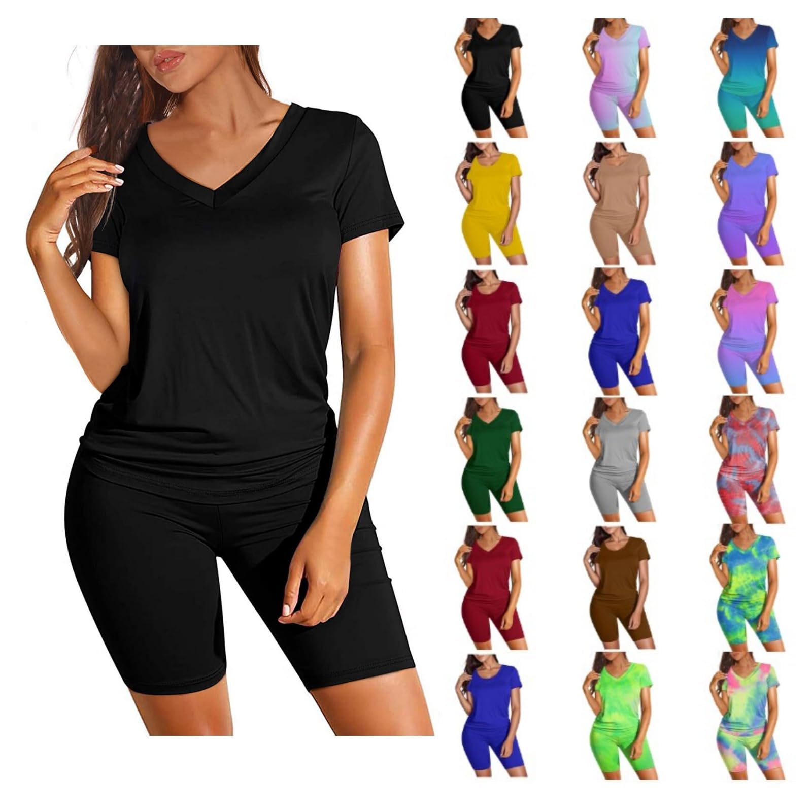 Aniywn Women's 2-Piece Biker Shorts Set - Workout Gym Outfits, Summer Boho Beach Short Sleeve V-Neck Bodycon Shorts | Perfect for Yoga, Running & Casual Wear