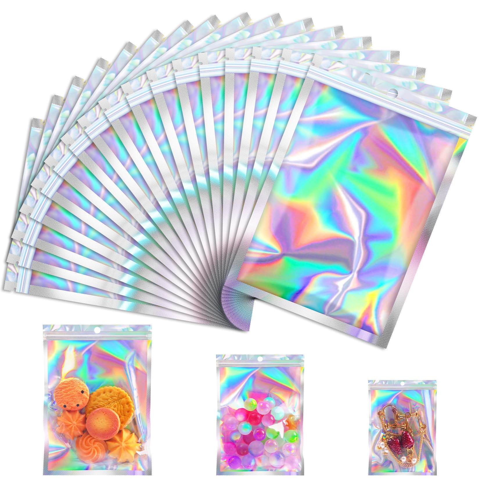 100 Pcs 4x6 Inch Mylar Bags with Clear Window - Holographic Smell Proof Resealable Packaging Bags for Small Business, Gifts, Snacks, Jewelry & Samples - Ideal for Valentine's Day, Party Favors & Retail Packaging