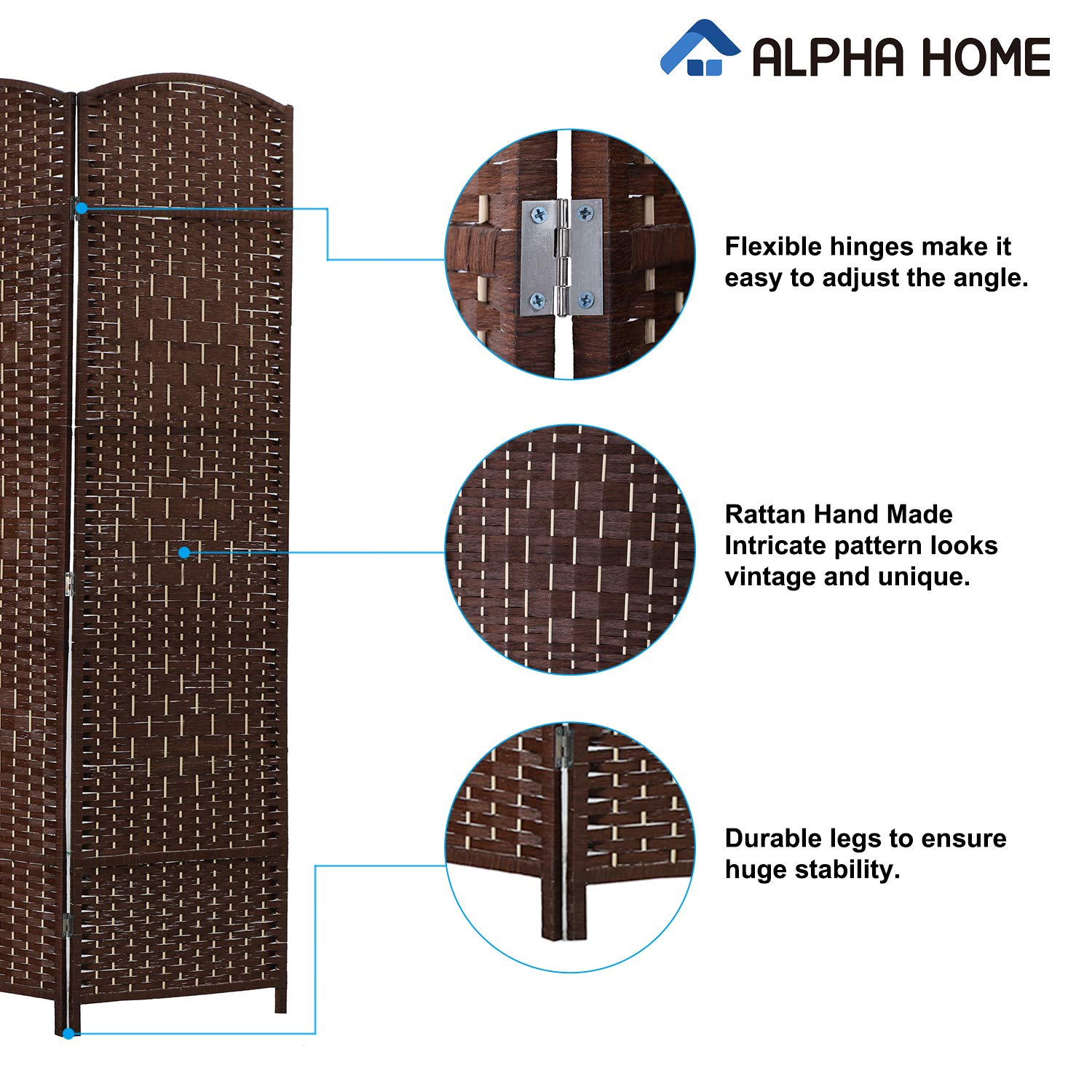 ALPHA HOME 6FT Woven Room Divider - 4 Panel Portable Folding Privacy Screen with Double Hinges, Freestanding Shoji Style Partition for Living Room, Hall, Parlor - Blackout Blinds for Home Office & Bedroom Privacy