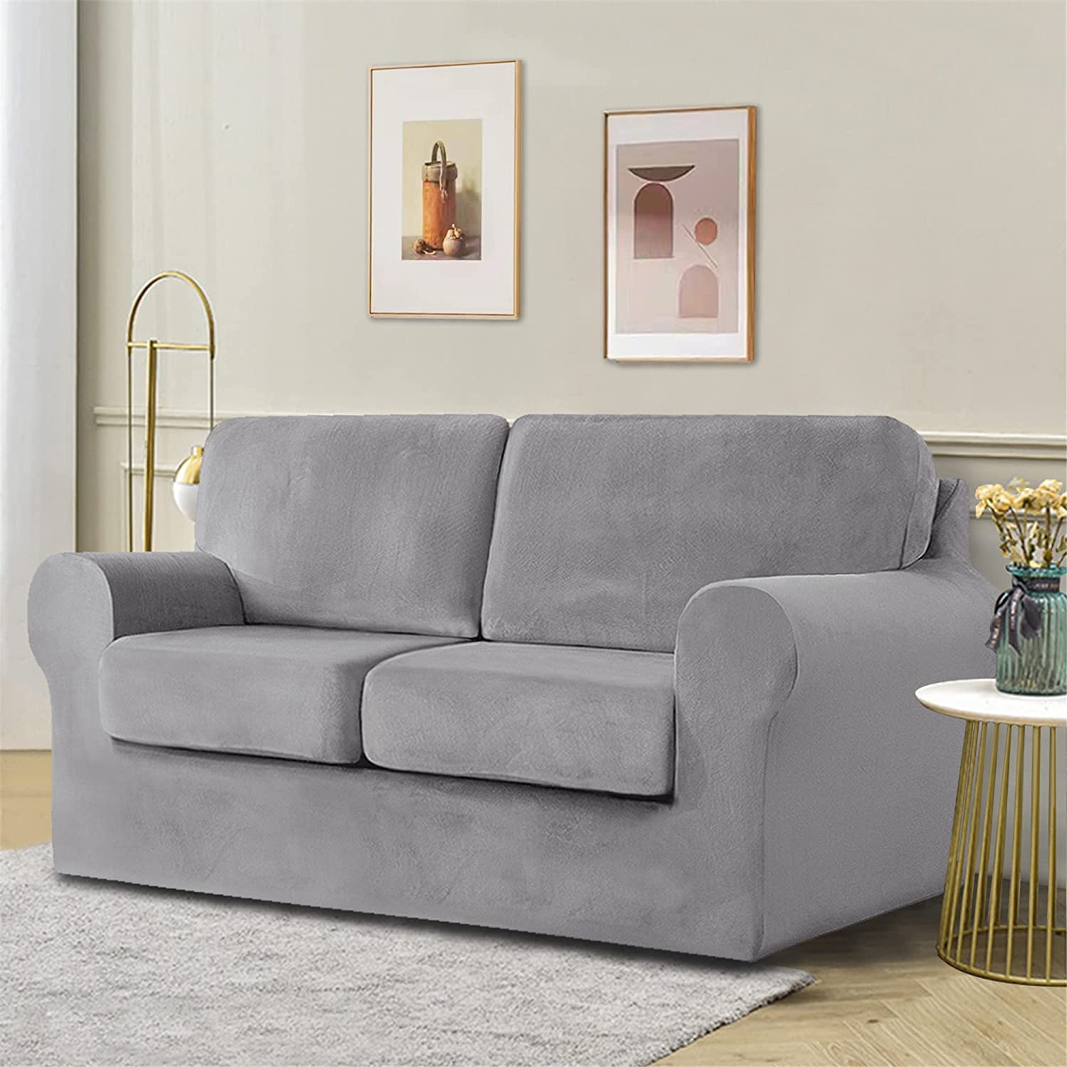 5-Piece Stretch Velvet Sofa Cover for 2-Seater Couch - Soft Loveseat Slipcover with Separate Backrests & Cushion Cover, Elastic Band for Pets & Kids - Light Grey (5-Piece Set) - Perfect for Living Room, Bedroom & Pet-Friendly Homes