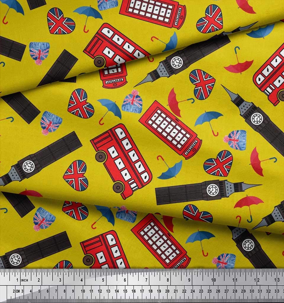 Soimoi Velvet Fabric - London Clock Tower, Telephone Booth & Bus Print - 58 Inch Wide Upholstery Fabric for Home Decor, DIY Projects & Costume Making