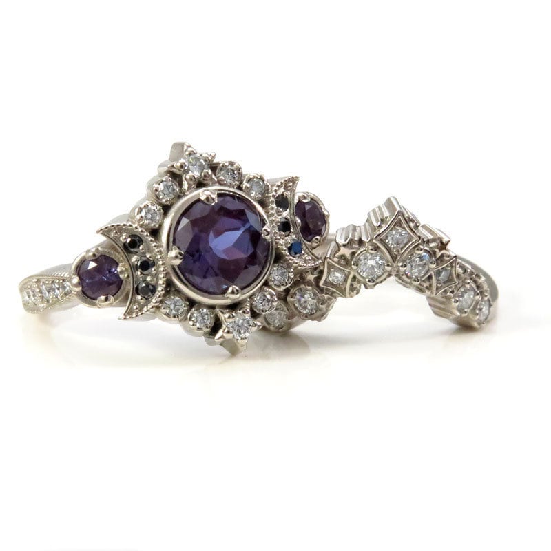 Selene Moon Goddess Ring Set - Alexandrite & Black/White Diamonds Wedding Band in 14K Palladium White Gold | Elegant Bridal Jewelry for Engagement, Anniversary & Special Occasions