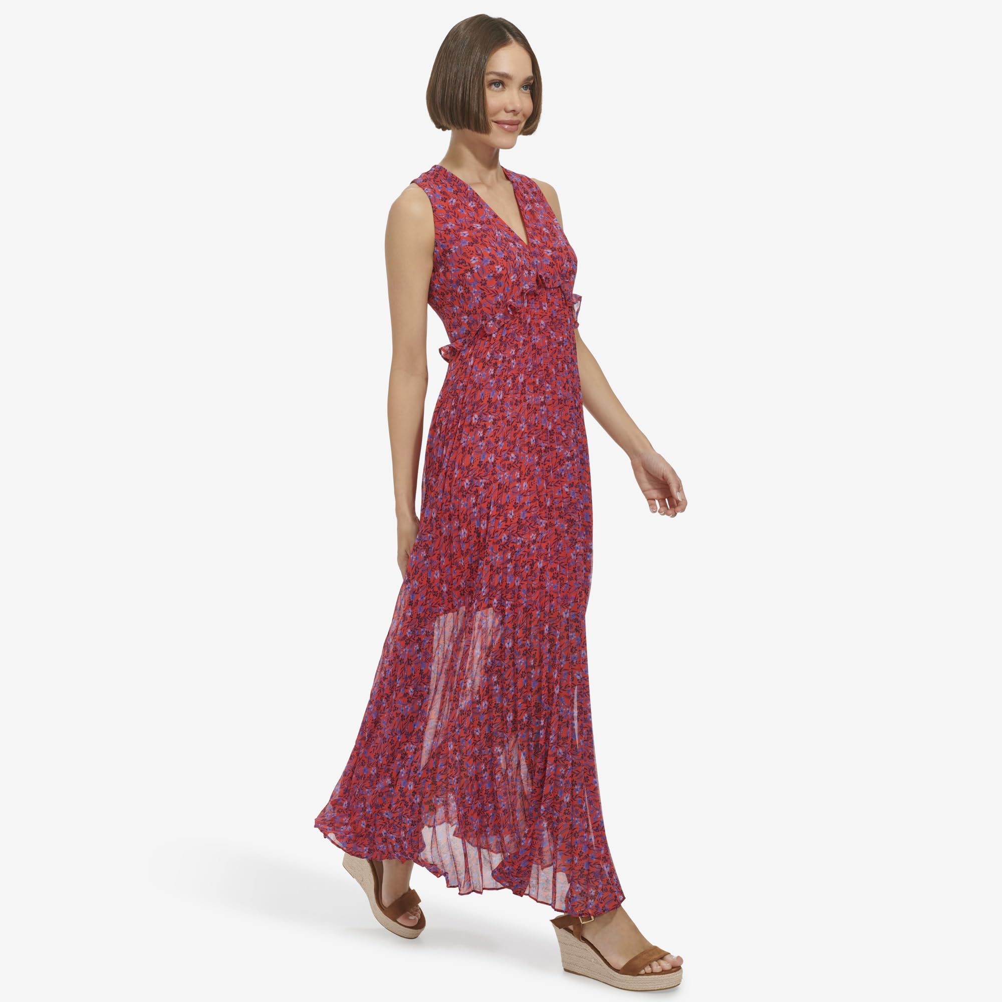 Tommy Hilfiger Women's Sleeveless V-Neck Chiffon Pleated Maxi Dress - Elegant Summer Beach Wedding Party Formal Wear