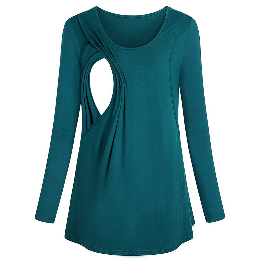 Hmlai Women's Maternity Nursing Top - Long Sleeve Double Layered Loose Casual Pullover Tunic for Breastfeeding - Green (Size L) | Comfortable Pregnancy & Nursing Wear for Everyday Use, Work & Outings