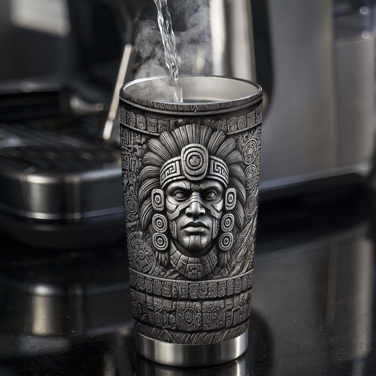 20oz Mexico Aztec Warrior Tumbler - Stainless Steel Double Wall Vacuum Insulated Coffee Mug with Lid - Mexican Gifts for Men - Mayan Aztec Printed Metal Travel Cup - Perfect for Coffee, Tea & Hot/Cold Drinks on the Go, Office, Camping & Outdoor Adventures