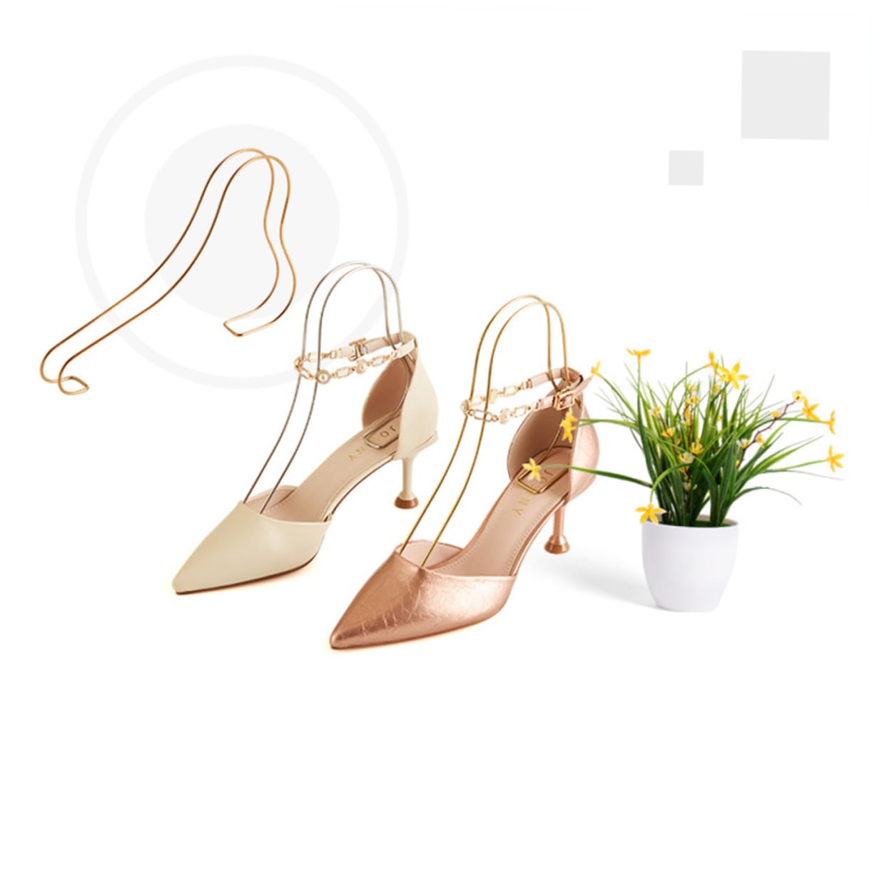 2-Pack Metal Shoe Display Stands - Boot & Sandal Holder with Elastic Stretcher for Women's Heels - Gold Shoe Shaper & Organizer for Closet, Retail Store, and Shoe Repair Shop