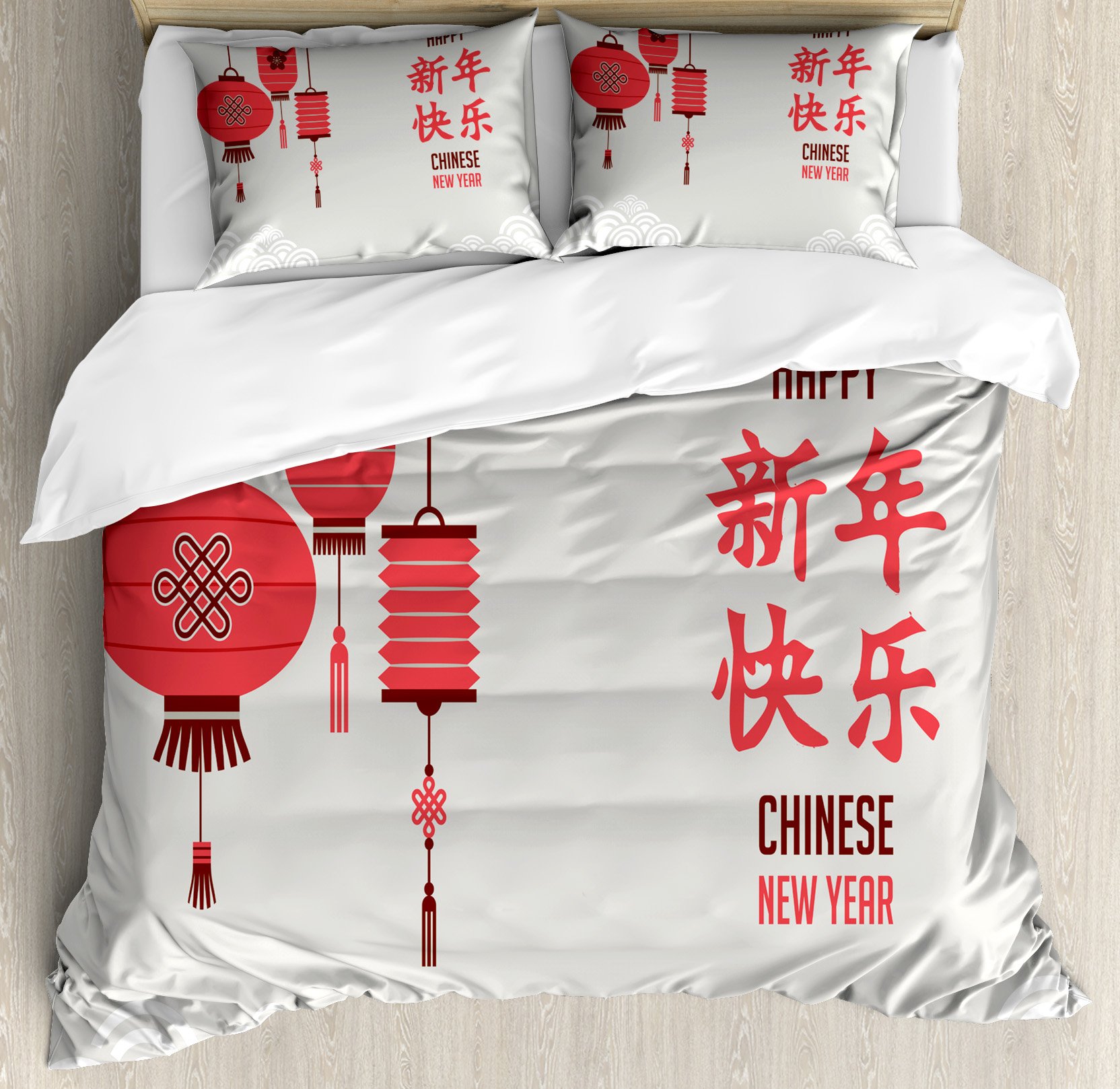 Ambesonne Chinese New Year Duvet Cover Set - King Size 3-Piece Bedding with Oriental Kanji Calligraphy & Circle Print, 2 Pillow Shams, Multicolor | Festive Asian-Themed Home Decor for Lunar New Year Celebrations & Cultural Bedroom Styling