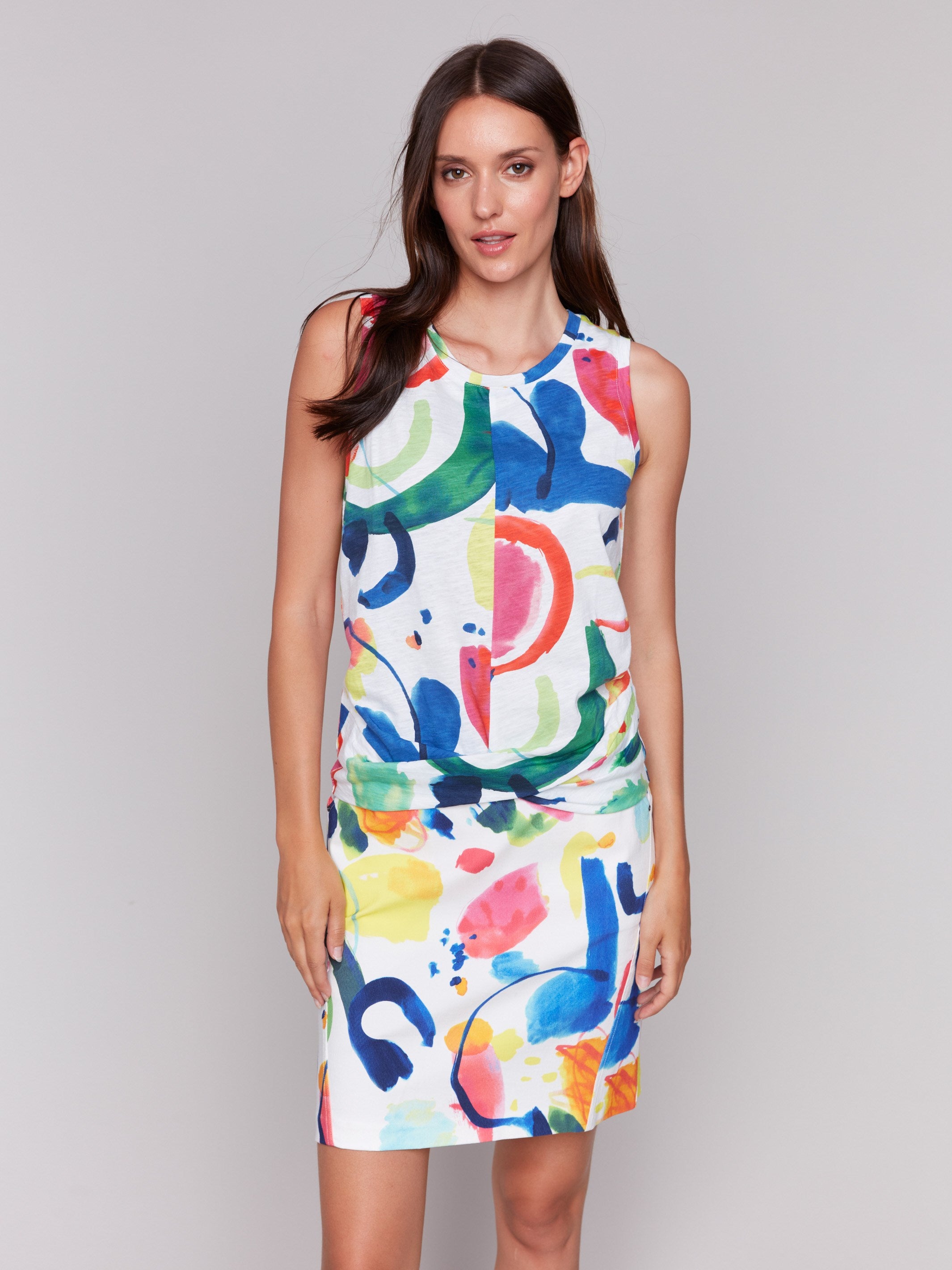Printed Cotton Slub Tank Top with Knot Detail - Women's Casual Summer T-Shirt - Perfect for Beach, Vacation and Everyday Wear