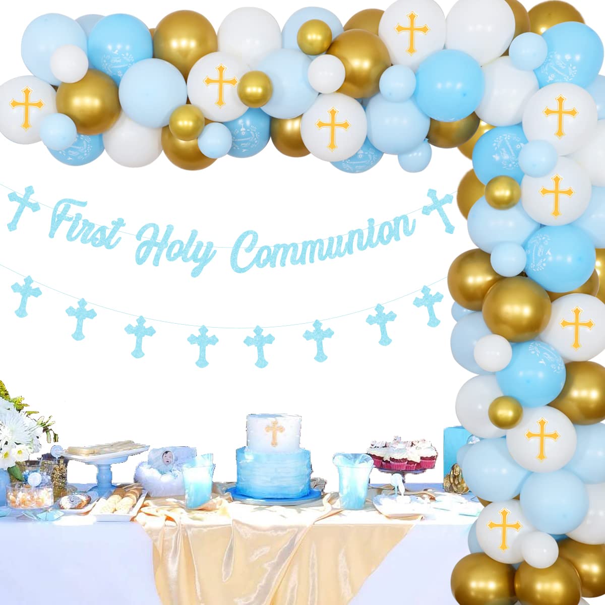 First Communion Party Decorations for Boys - White & Gold Blue Balloon Garland Kit with Cross Banner | Baptism & Holy Communion Supplies for Church Celebrations & Religious Events