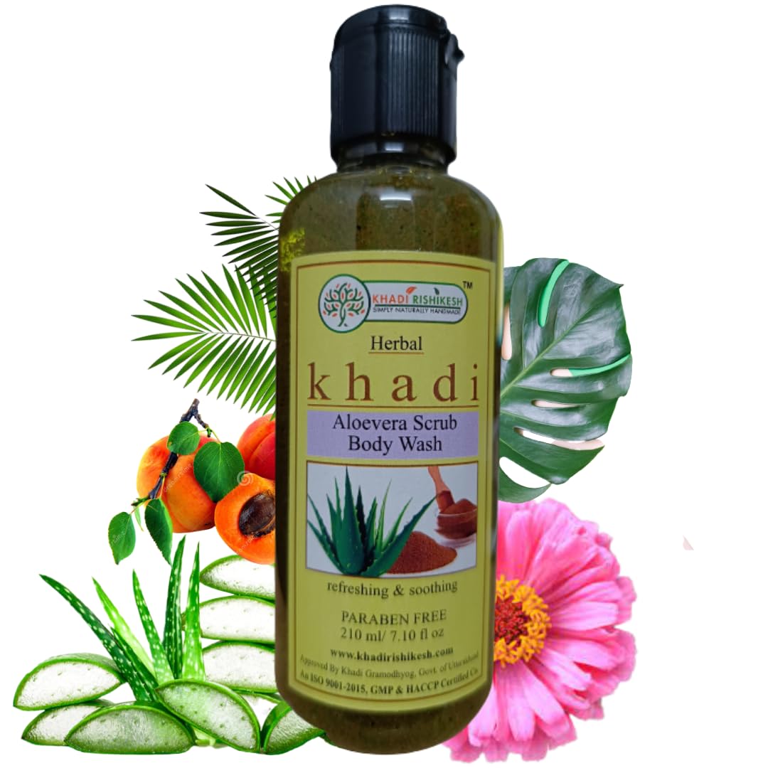 Khadi Rishikesh Herbal Aloe Vera Body Wash with Scrub - SLS & Paraben Free | Fights Body Acne, Moisturizes Skin, Reduces Stretch Marks & Anti-Aging | 210ml for Women & Men | Made in India | Perfect for Daily Skincare & Spa Routine