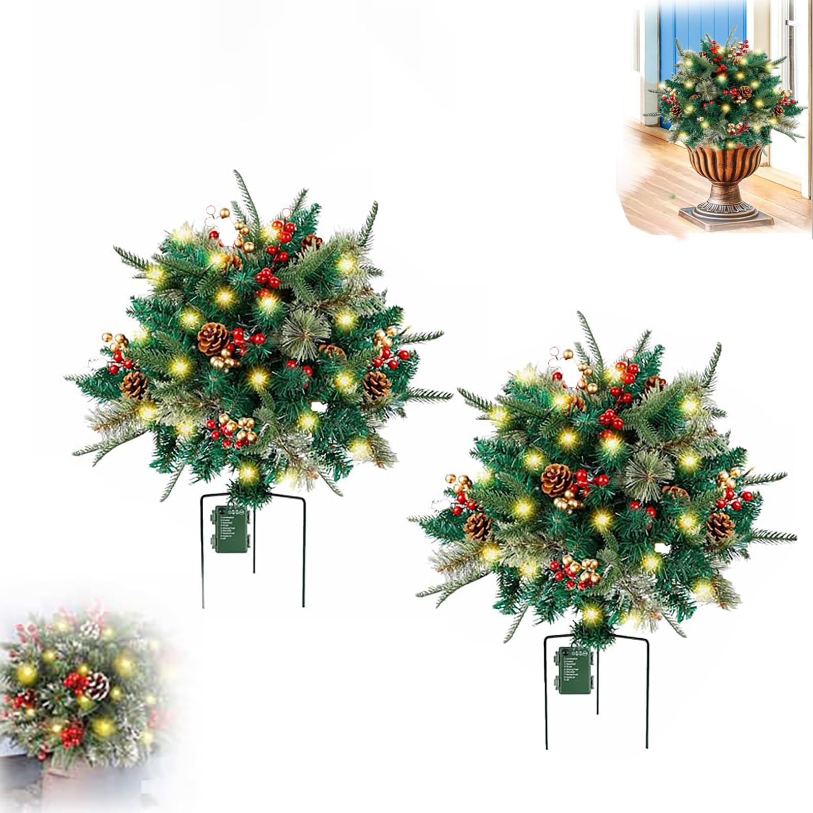 **Pre-Lit Christmas Planter Bushes with Lights - 2 Pack Faux Holiday Planter Decor for Front Porch, Yard, and Indoor Holiday Decorations - Perfect for Christmas, Winter, and Seasonal Home Decoration**