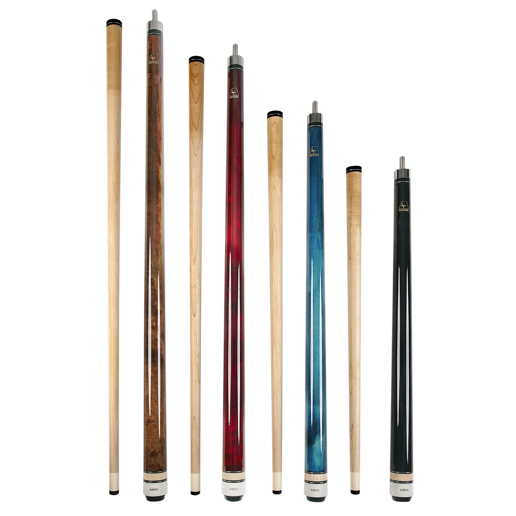 Premium Set of Aska Mixed Length Pool Cues - Canadian Hard Rock Maple Billiard Sticks for Adults & Kids - Perfect for Home Game Rooms, Bars, and Family Entertainment
