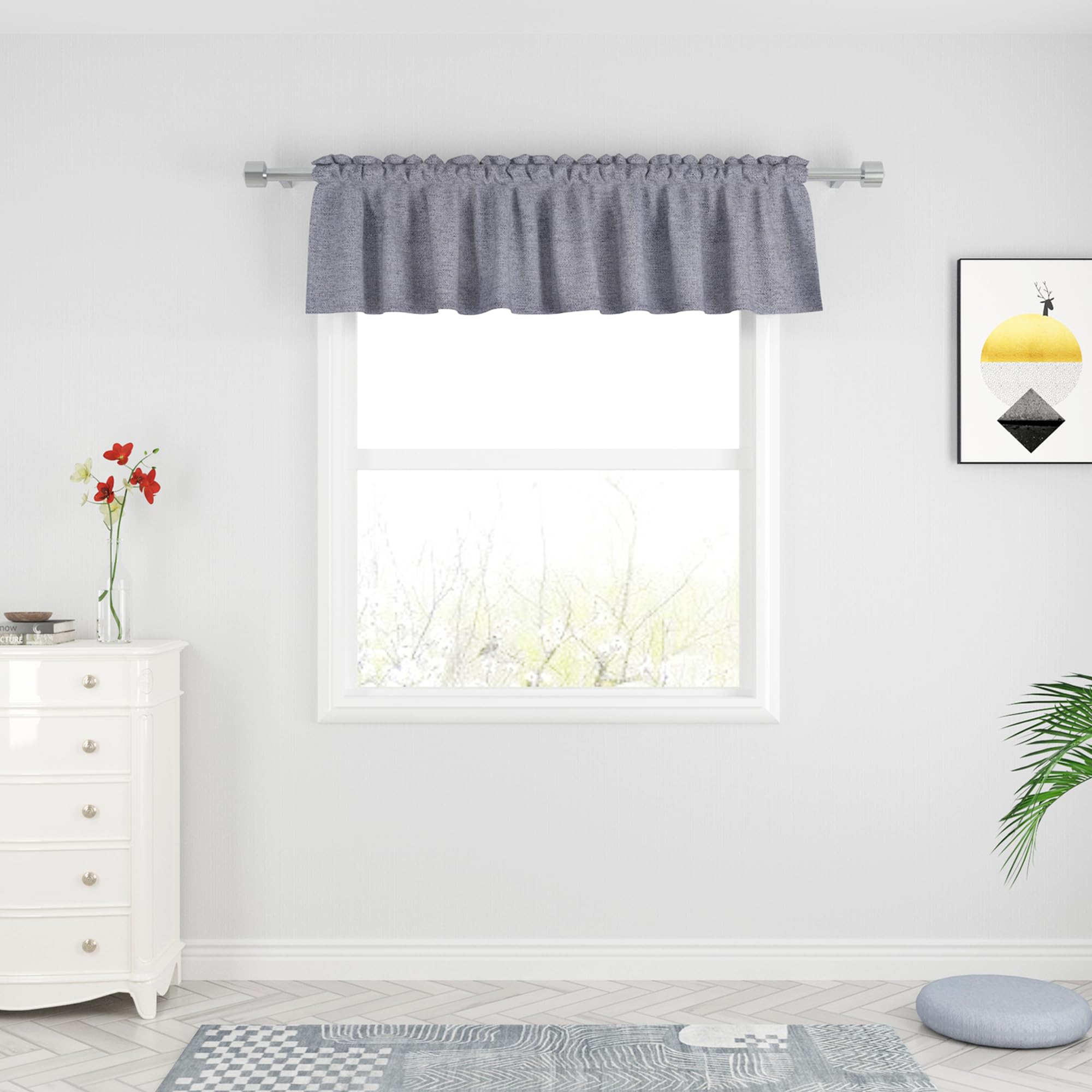 UPOPO 18 Inch Linen Textured Valance Curtain - Charcoal Grey Rod Pocket Window Topper for Living Room, Kitchen & Bedroom (54