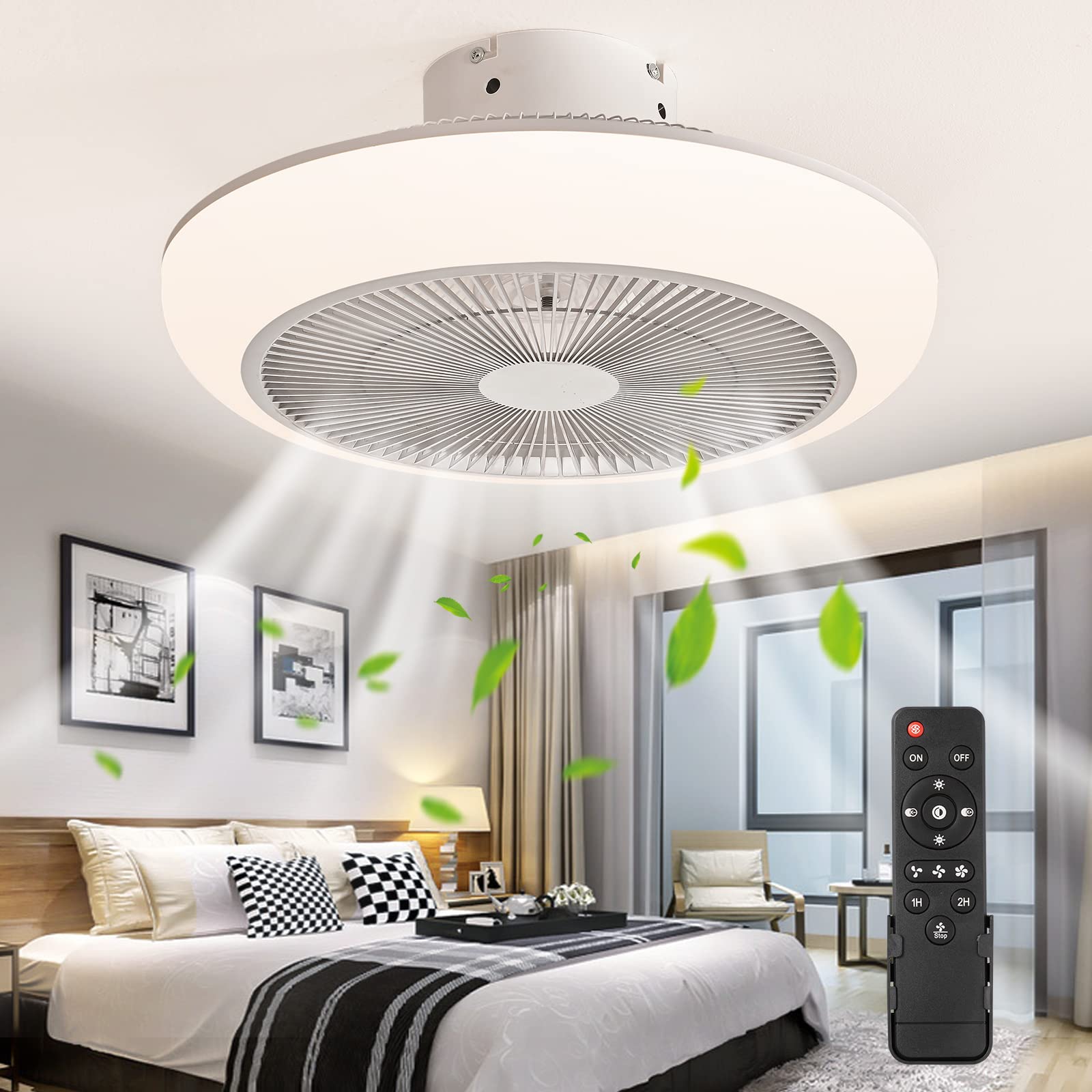 YAMAFOO 18-inch Modern Bladeless Ceiling Fan with Light - Remote Control, Low Profile Flush Mount, Dimmable LED (3 Colors & 3 Speeds) - Perfect for Bedroom, Living Room & Office (Silver Gray)