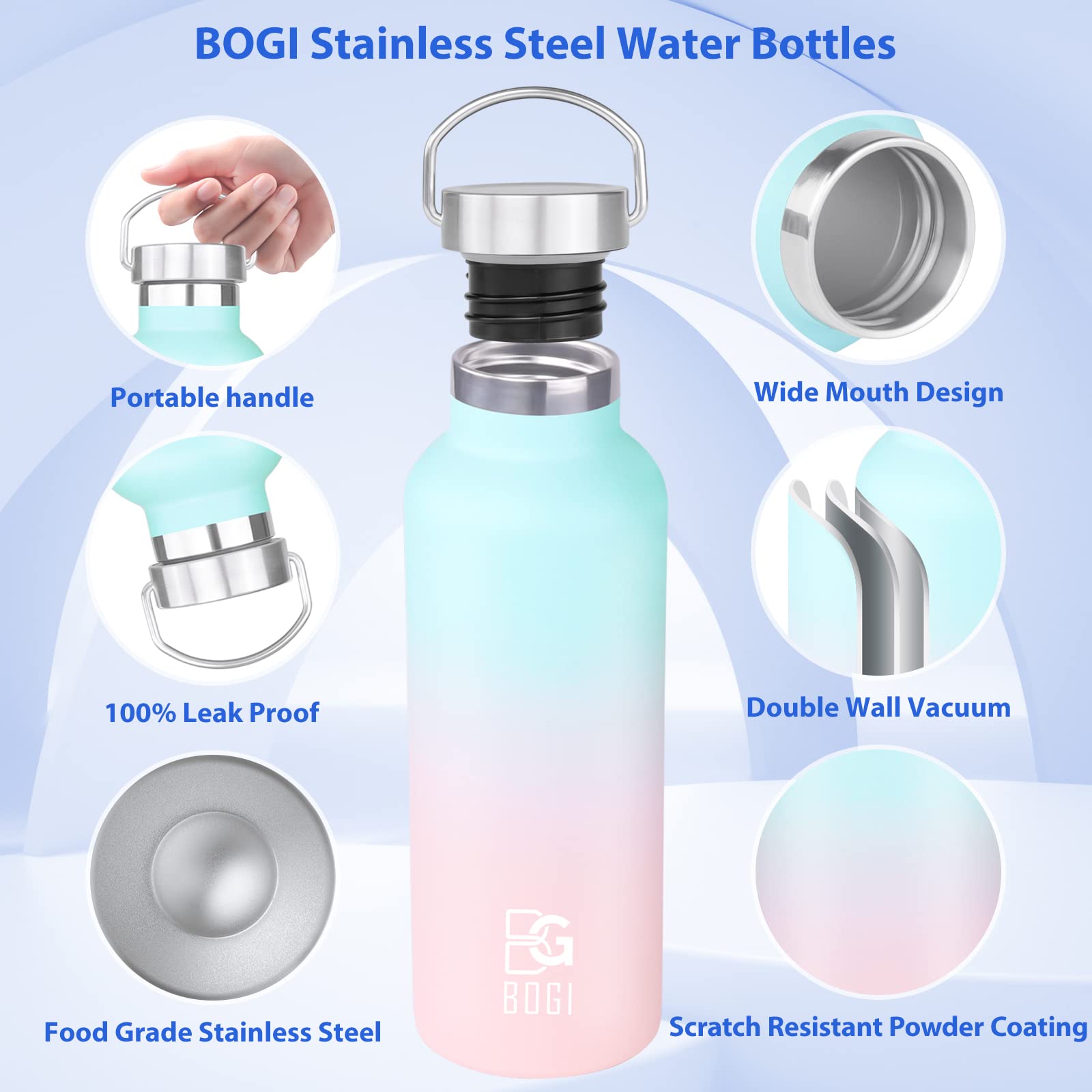 BOGI 24oz Insulated Stainless Steel Water Bottle - 2 Pack Wide Mouth Leakproof Metal Bottles with Straw & Handle, BPA Free for School, Gym, Hiking, Camping & Outdoor Activities - Keeps Drinks Cold for 24 Hours & Hot for 12 Hours