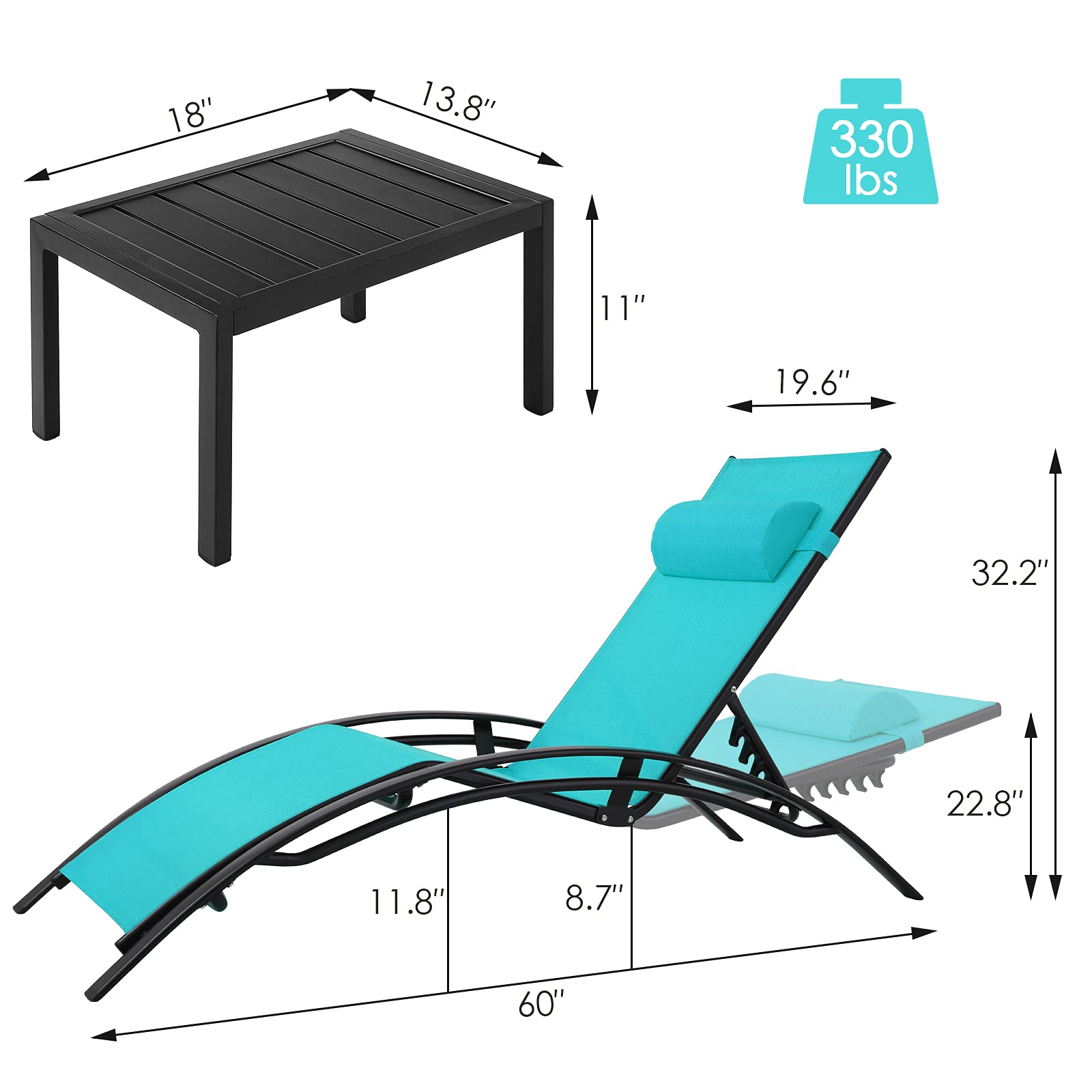 **AthLike 3-Piece Patio Chaise Lounge Set with Headrest & Side Table - 5-Level Adjustable Sunbathing Recliner for Poolside, Beach & Outdoor Relaxation (Blue)**