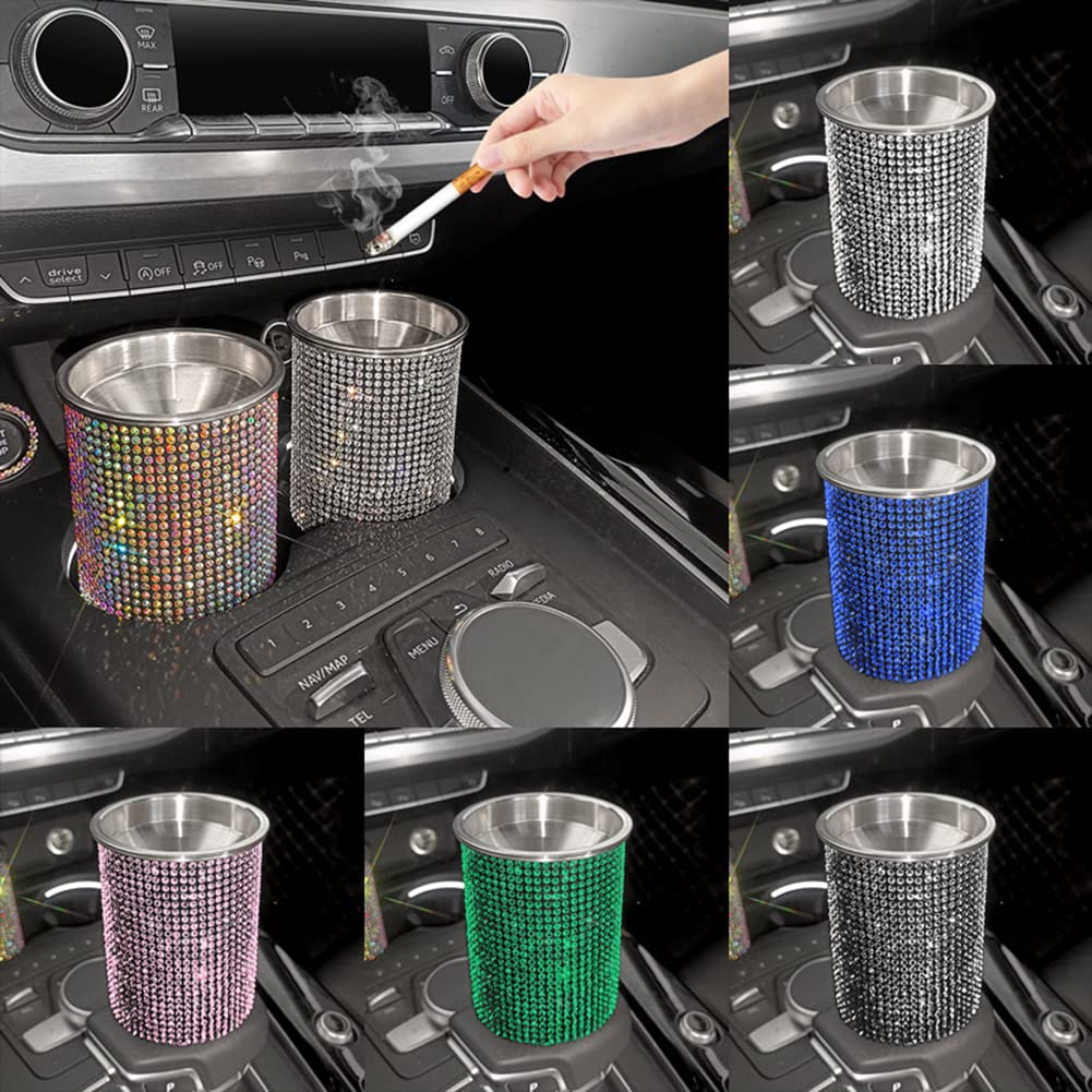 Bling Diamond Car Ashtray with Lid - Portable Mini Cup Holder Trash Can, Detachable Stainless Steel Smokeless Ash Tray with Shiny Crystal Rhinestones, Stylish Car Accessories for Women, Perfect for Road Trips and Daily Commutes