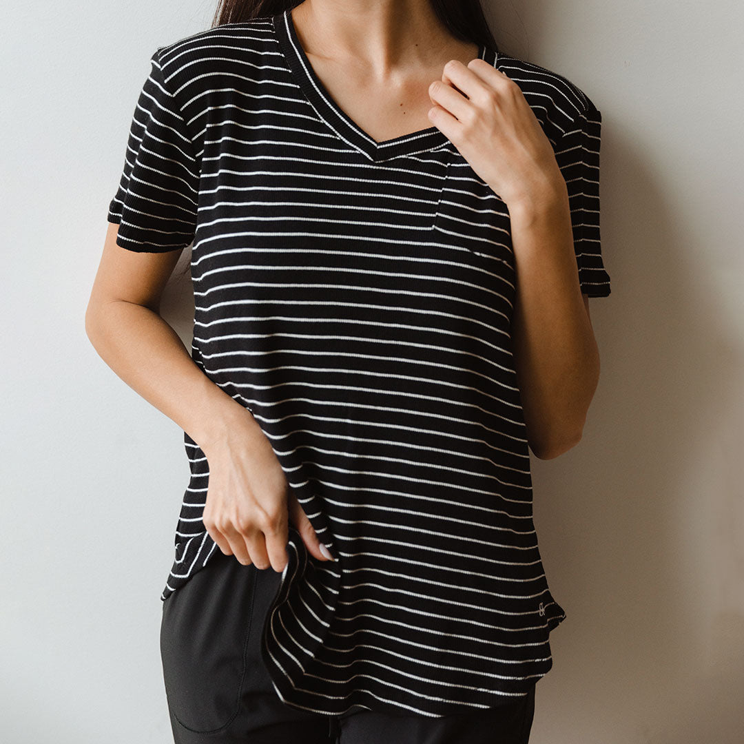 Chunky Black and White Striped V-Neck T-Shirt for Women - Soft Basic Tee for Casual Wear, Layering & Everyday Outfits