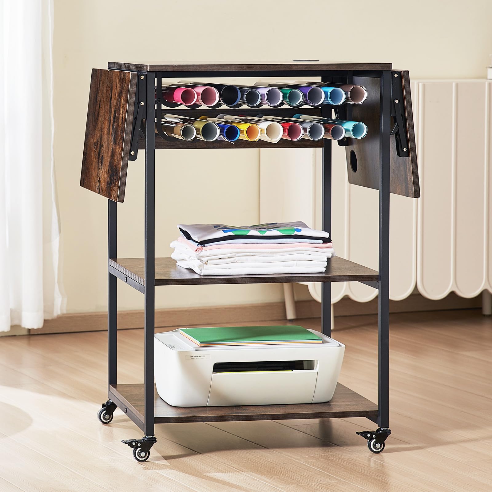 VEVOR 3-Tier Rolling Heat Press Table - Heavy Duty Foldable Sublimation Workbench with Vinyl Roll Holder - Mobile Heat Transfer Machine Stand for T-Shirt Printing & DIY Crafts - Perfect for Home Studios & Small Businesses