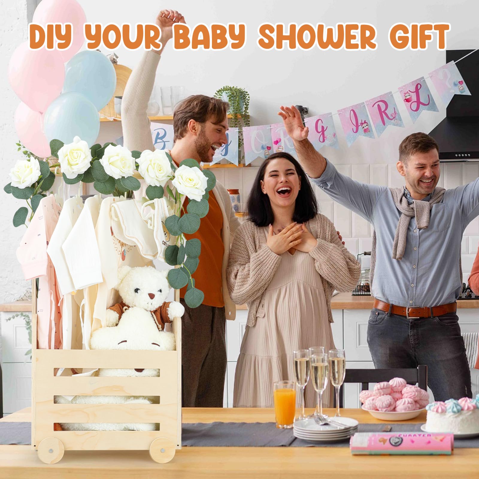 Personalized Wooden Baby Shower Crate with Wheels & Ergonomic Handle - Pushable Baby Gift Basket for Newborn Boys & Girls - Nursery Storage Organizer (28