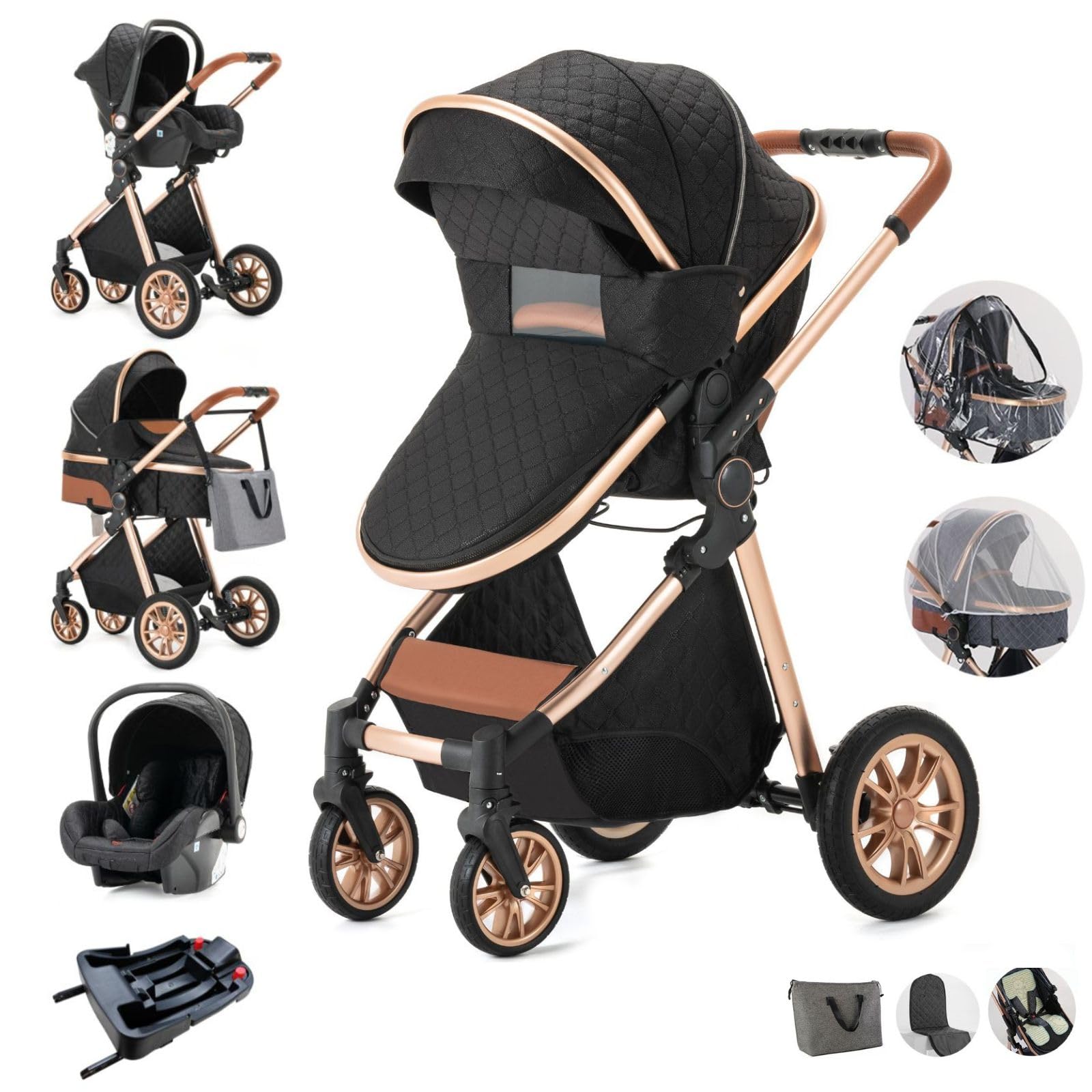 5 in 1 Compact Baby Stroller with Removable Bassinet & Reversible Seat - Foldable Lightweight Aluminum Frame Stroller for Newborns & Toddlers - Perfect for Travel, Shopping & Daily Walks (Black)