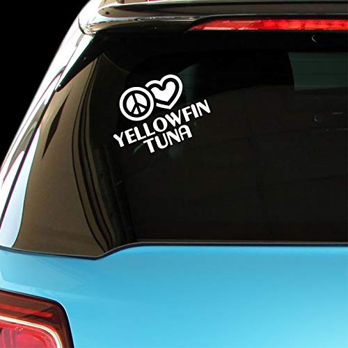 Peace Love Yellowfin Tuna Decal - Waterproof Vinyl Sticker for Car, Laptop, Wall, Windows - Perfect for Surfers, Fishermen & Ocean Lovers