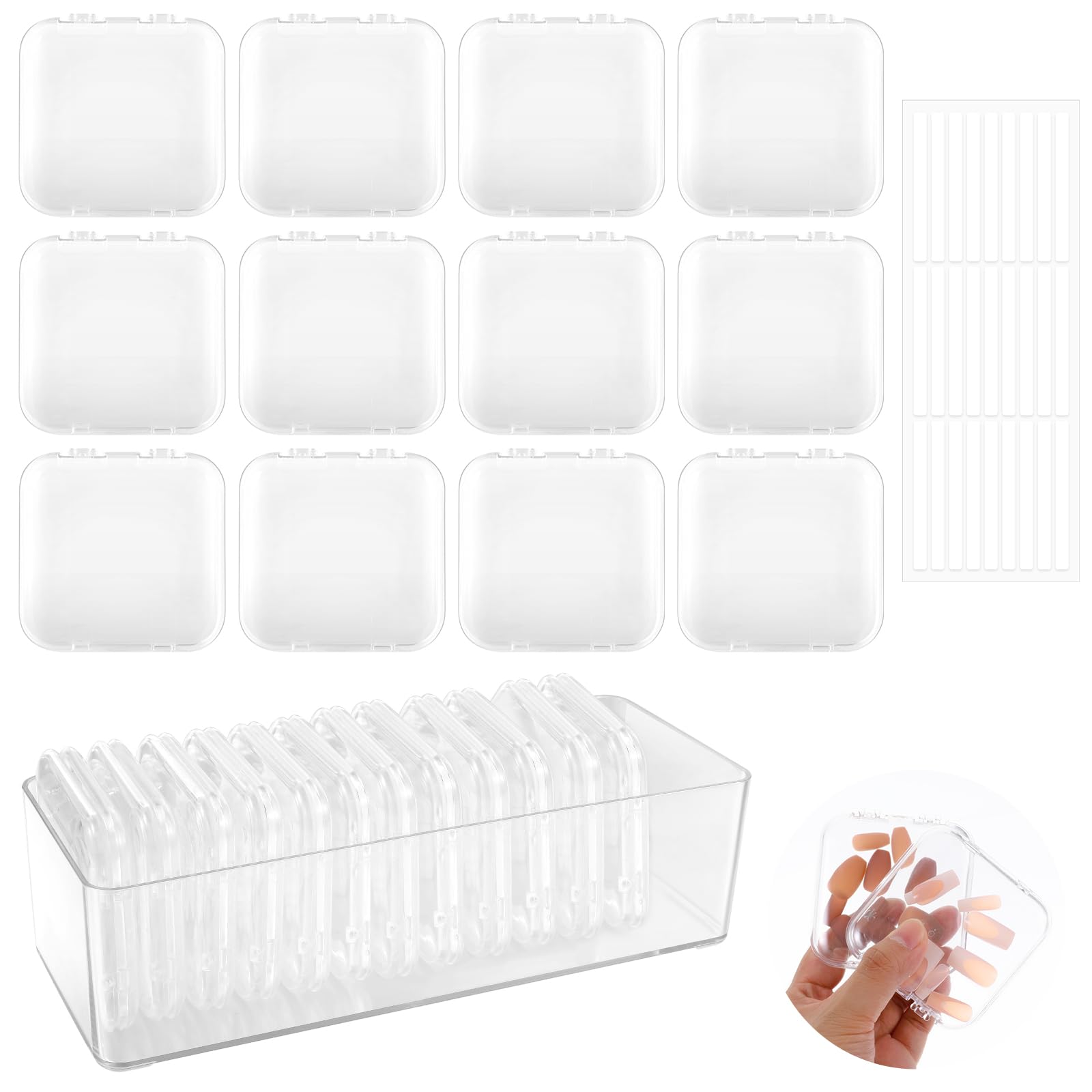 36Pcs Nail Box Organizer Case - Clear Press on Nails Display Storage with 3Pcs All-in-One Nail Box & 60pcs Double Sided Adhesive Tape | Perfect for Nail Art, Home Salon, Professional Nail Technicians & DIY Manicure Enthusiasts