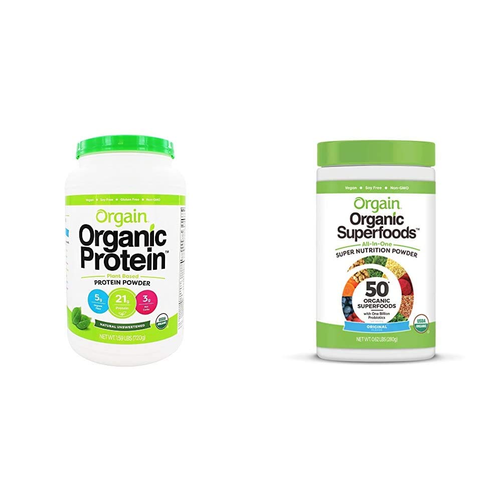 Orgain Organic Plant-Based Protein Powder & Superfoods Greens Powder Bundle - Vegan, Gluten-Free, Non-GMO (1.59lb + 0.62lb) for Smoothies, Shakes & Post-Workout Recovery
